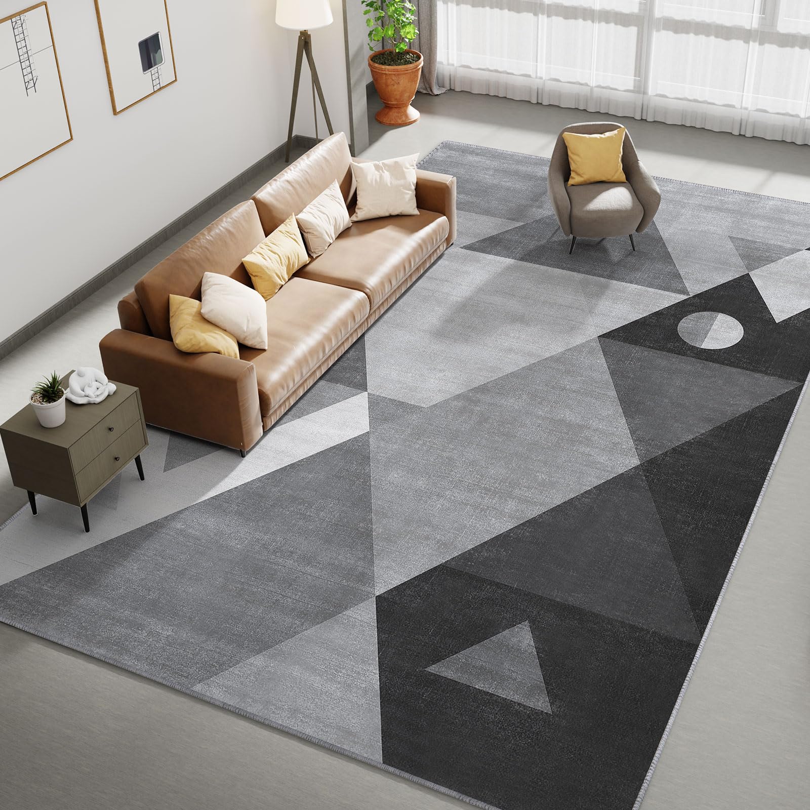 Washable Modern Area Rug 9x12 - Geometric Design Non Slip Living Room Rug, Soft Bedroom Carpet Machine Washable Non Shedding - Grey 9'x12' for Home Decor & Cozy Spaces