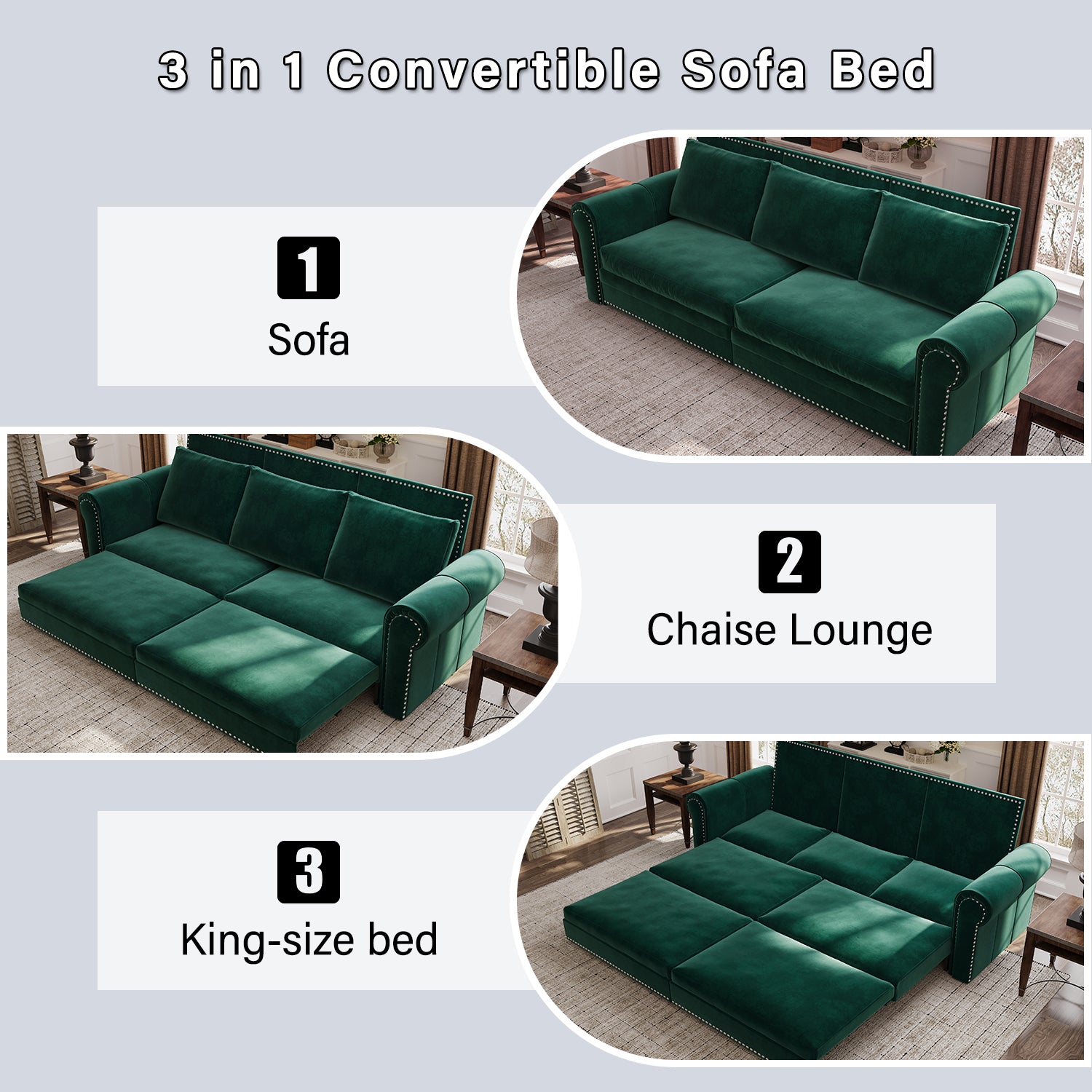 93.7'' King Size Chesterfield Pull Out Sofa Bed - 3-in-1 Velvet Convertible Sleeper Sofa with Nailhead Trim & Rolled Arms - Multi-Functional Sectional for Living Room, Bedroom, Apartment & Office - Emerald Green Sofa Bed for Small Spaces & Guest Rooms