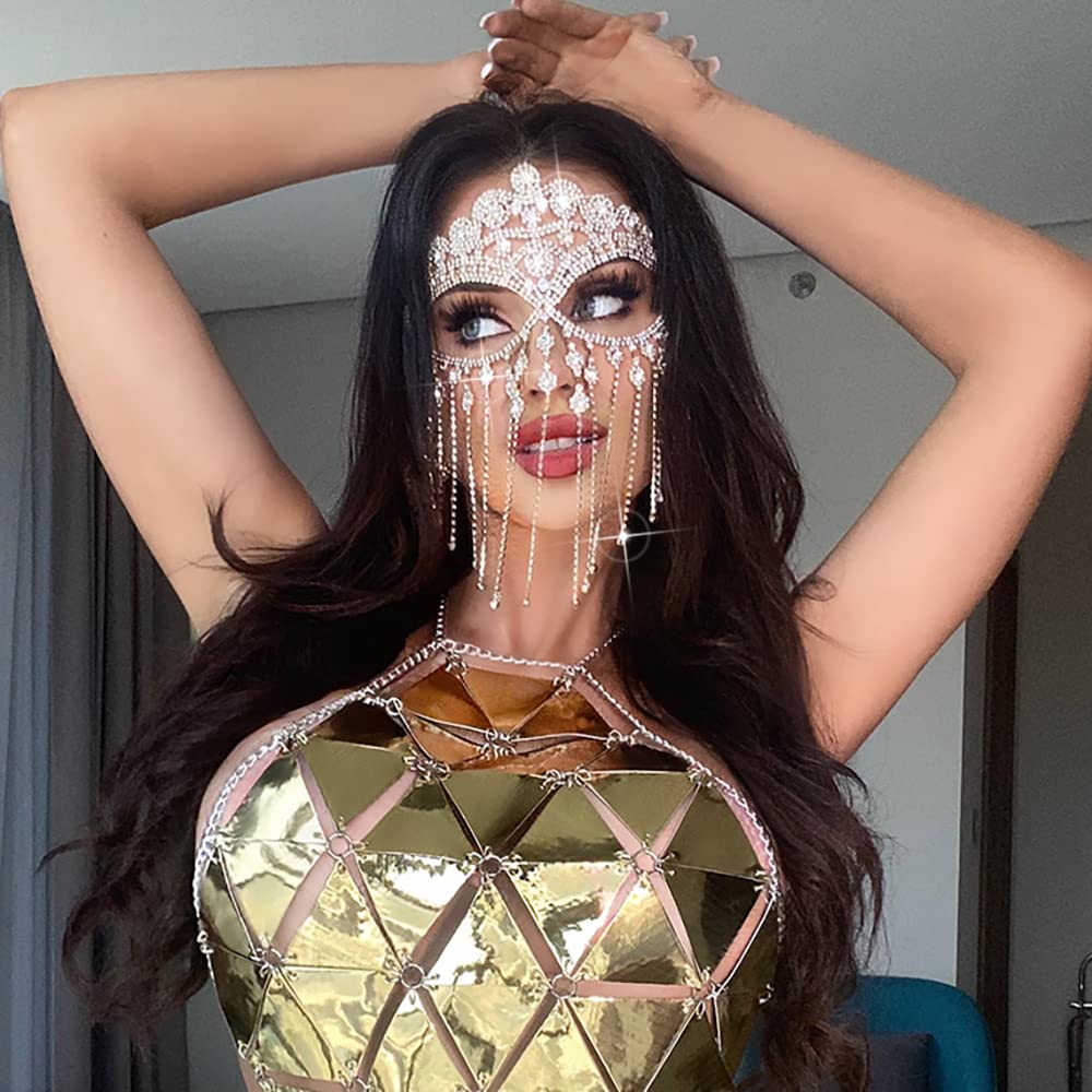 CCbodily Rhinestone Face Mask for Women - Crystal Face Chain Masquerade Mask, Elegant Rhinestone Mask for Parties, Halloween, Cosplay & Special Events
