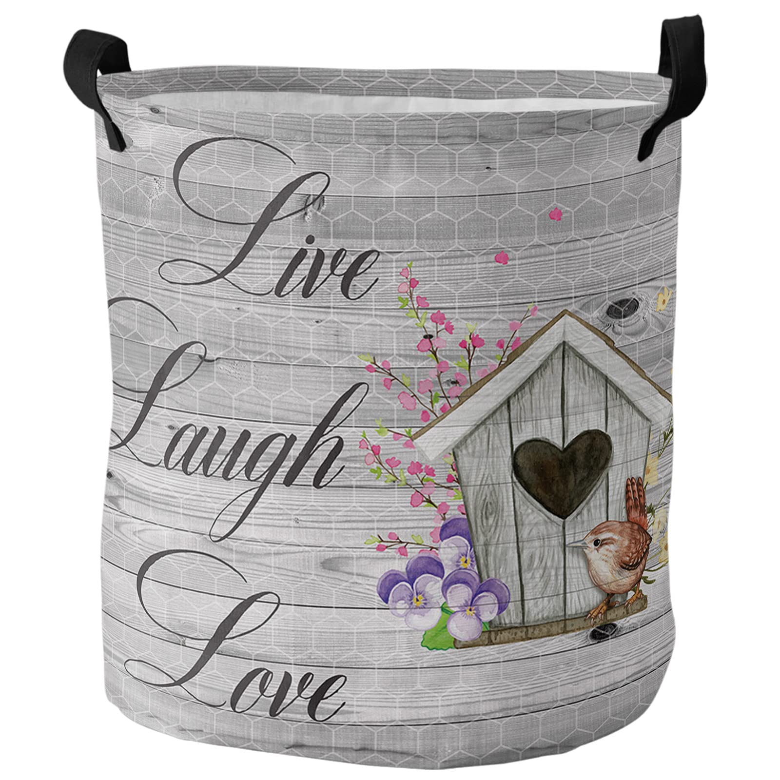 Goydema Collapsible Laundry Hamper with Handle - Waterproof Storage Basket for Clothes, Toys & Home Organization - Grey Wood Grain Design (Birds' Nests LIVE LAUGH LOVE Pattern) - Perfect for Bedroom, Bathroom, Dorm & Nursery Storage Solutions