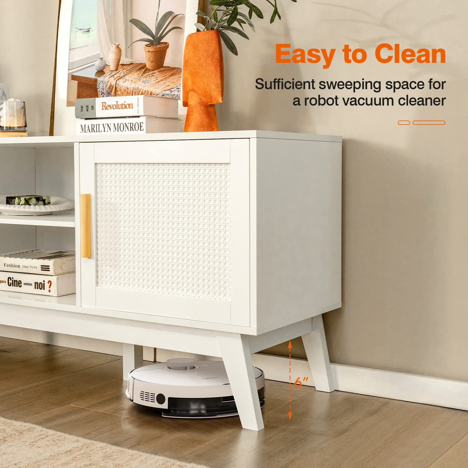 Tangkula 65 Inch Rattan TV Stand with Adjustable Shelf, 2-Door Cabinets & 6 Support Legs - Modern Wooden Media Console with Cable Holes for Living Room, Bedroom or Home Theater (White)