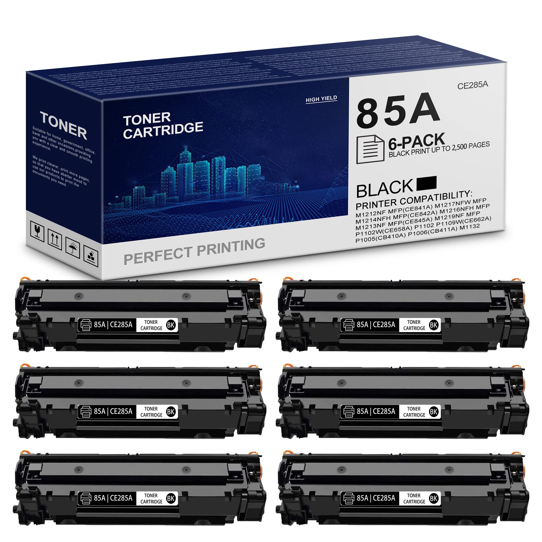 Uotyeink 85A Black (6-Pack) | CE285A Compatible Toner Cartridge Replacement for HP M1217nfw M1214nfh M1216nfh M1213nf M1219nf MFP & P1102w P1102 P1109w P1005 P1006 M1132 Printers | High-Quality Printing for Office & Home Use
