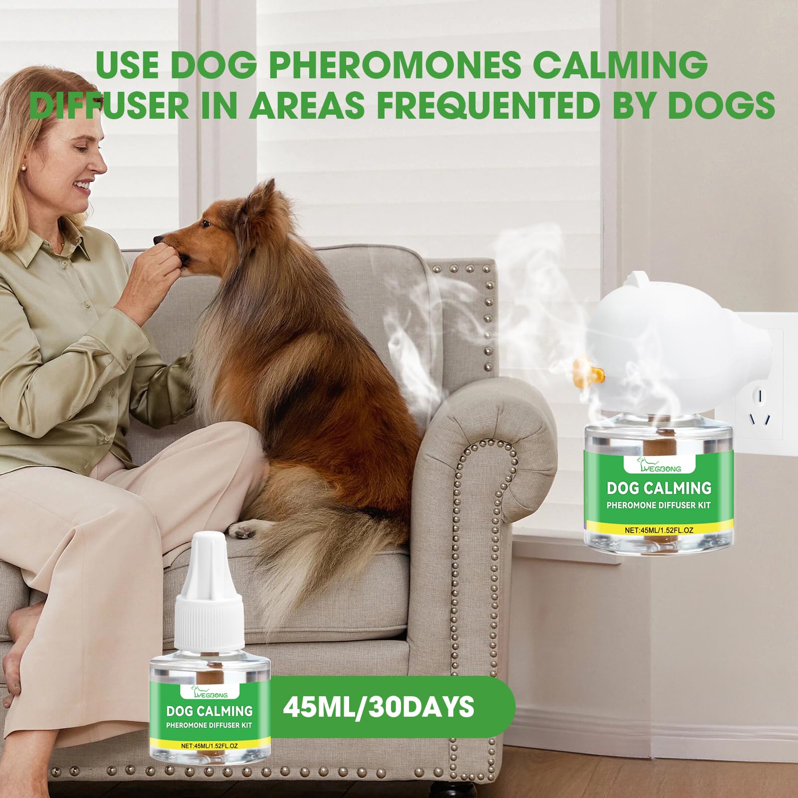 Nodfens Dog Calming Diffuser with Pheromones - 45ml Plug-in Anxiety Relief for Dogs, Lasts Up to 30 Days - Perfect for Thunderstorms, Fireworks, Separation Anxiety & Travel Stress