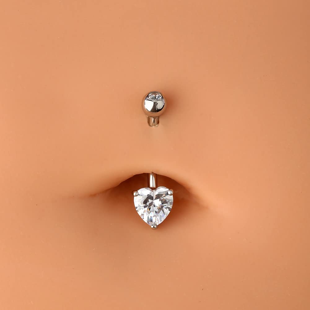 14K Solid White Gold Belly Button Rings with Heart Solitaire Cubic Zirconia - OUFER Navel Piercing Jewelry for Women | Elegant Body Jewelry for Everyday Wear, Parties, Beach Outfits & Special Occasions | Perfect for Date Nights, Vacations & Piercing Gifts | Ideal for Casual, Formal & Summer Fashion Styles