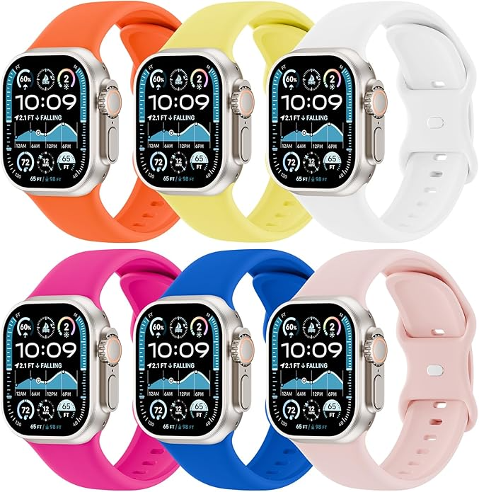Premium Apple Watch Soft Silicone Sport Bands 6 Pack - Comfortable, Durable & Sweatproof Replacement Straps for Workout & Daily Use (Compatible with Series 1/2/3/4/5/6/7/8/SE) - Perfect for Running, Gym & Outdoor Activities