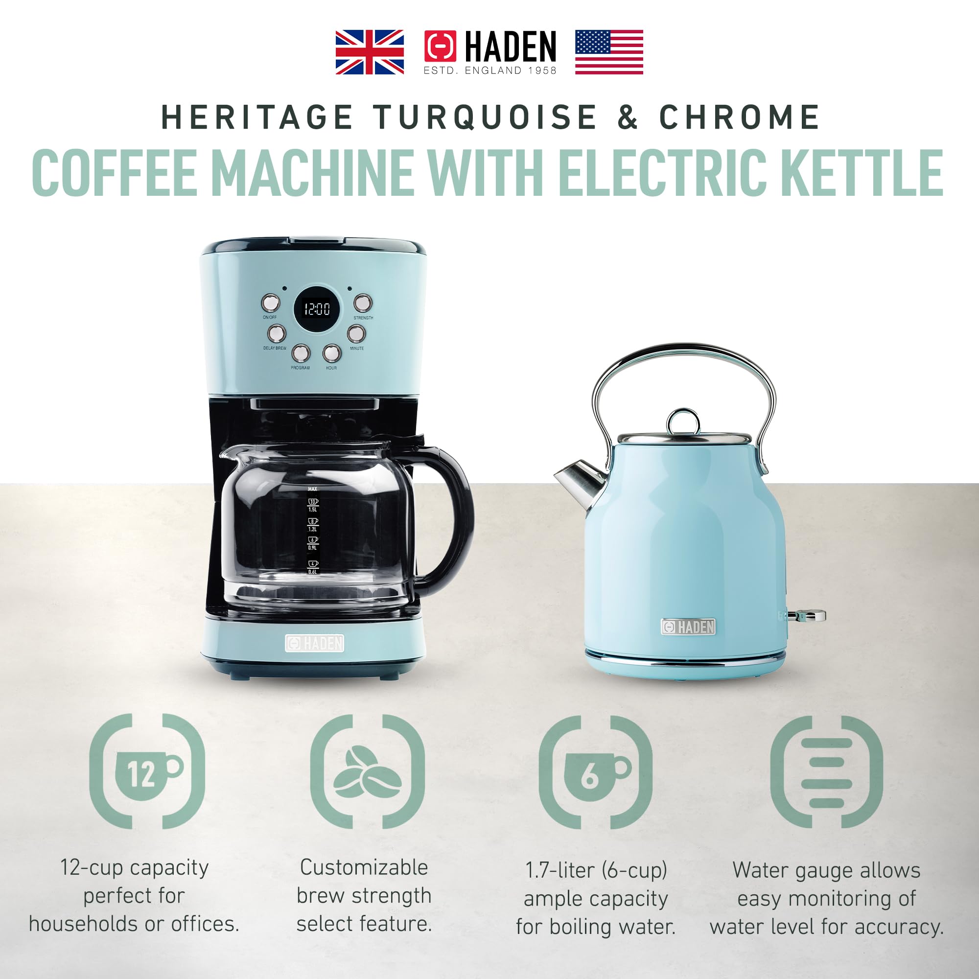 HADEN 12 Cup Drip Coffee Maker with 1.7L Stainless Steel Electric Kettle Set - Turquoise & Chrome - Perfect for Home, Office & Kitchen Use