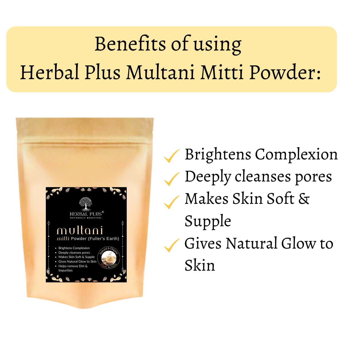 Herbal Plus Multani Mitti Powder | 100% Natural & Organic Fuller's Earth Clay | Deep Cleansing & Hydrating Facial Mask for Glowing Skin | 250g | Perfect for Acne-Prone & Oily Skin Care Routine