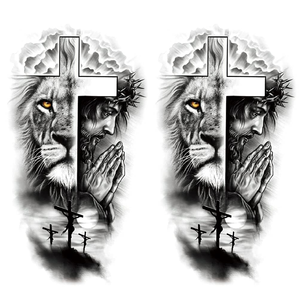 2 Pack Large Half Arm Sleeve Temporary Tattoos for Men & Women - Waterproof Fake Tattoos with Forest Lion, Jesus Cross & Old School Designs - Realistic Animal & Religious Tattoo Stickers for Halloween, Cosplay & Costume Parties