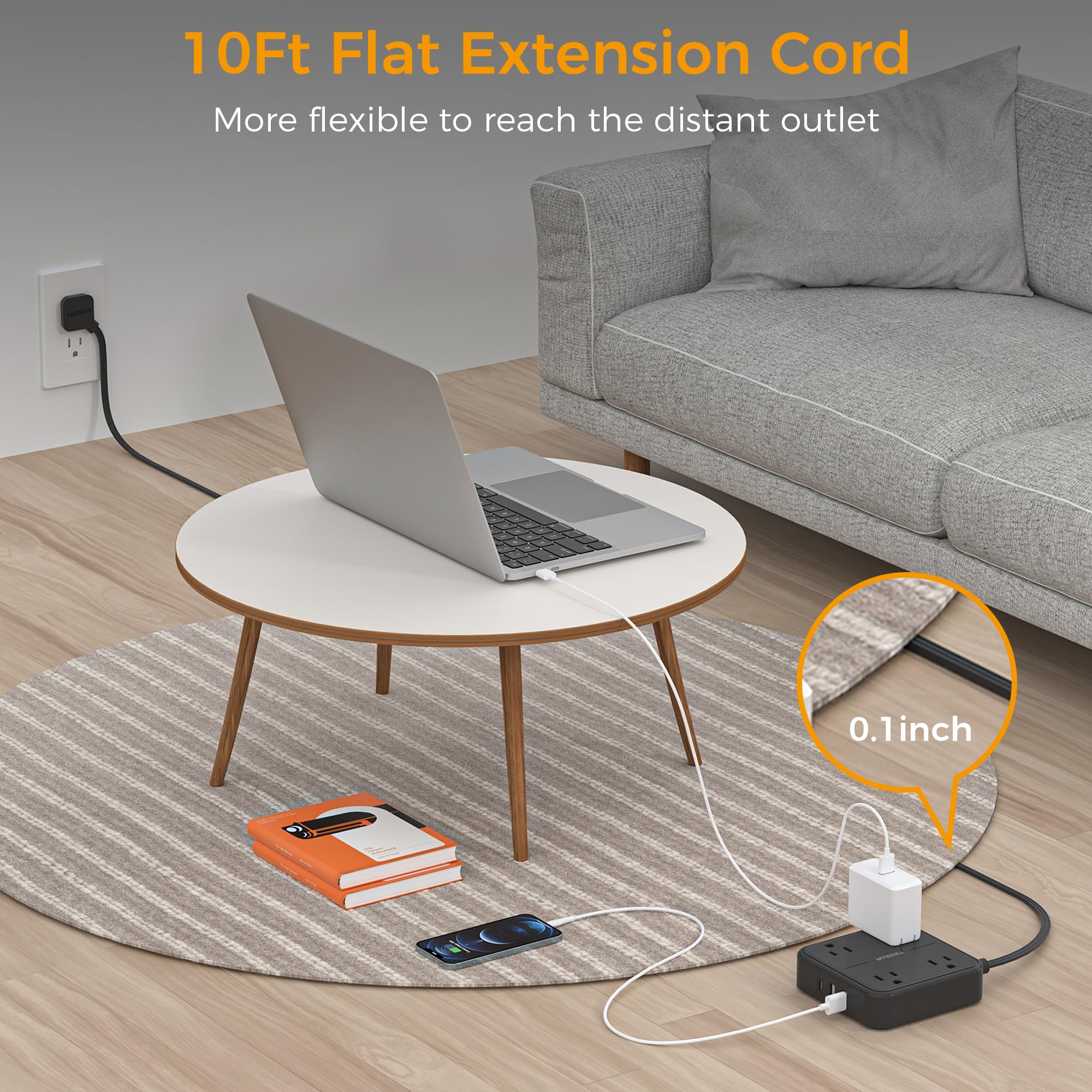 TESSAN 10 FT Black Flat Extension Cord with 4 Outlets & 3 USB Ports (1 USB-C) - Ultra Thin Power Strip for Home, Office, Dorm | Mountable Space-Saving Design for Desks, Bedside & Behind Furniture