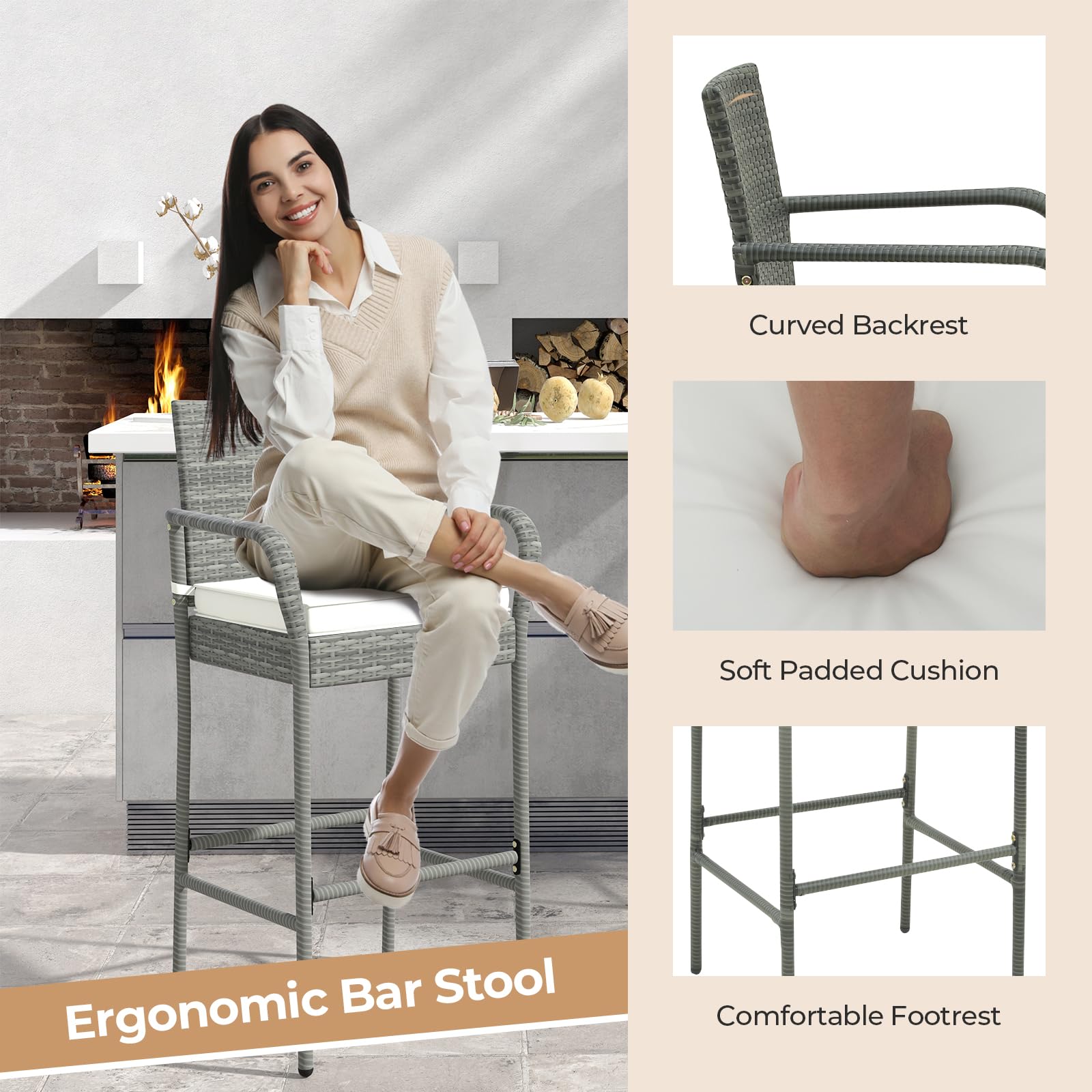 COSTWAY 4-Piece Wicker Bar Stool Set with Cushions - Patio Bar Height Chairs with Armrests & Footrests - Outdoor Rattan Barstools for Backyard, Deck, Pool - 400 lbs Weight Capacity - Mix Gray - Perfect for Outdoor Dining, Entertaining & Relaxing