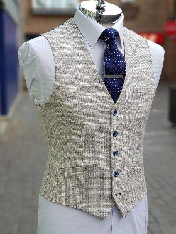 Cavani Caridi Men's Cream Check Waistcoat - Stylish Formal Vest for Weddings, Business & Special Occasions