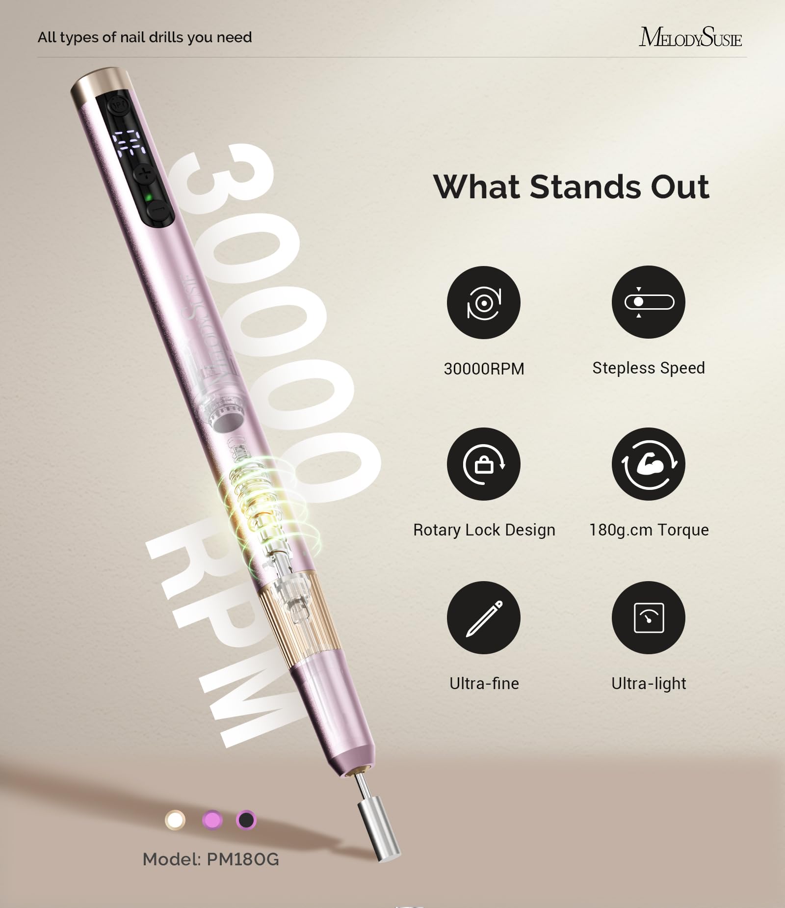 MelodySusie PM180G Cordless Electric Nail Drill - 30000RPM Professional Manicure & Pedicure Kit with Drill Bits & Ultra Fine Sanding Bands | Portable Nail File for Women | Perfect for Home Salon, Nail Art & DIY Nail Care (Pink)