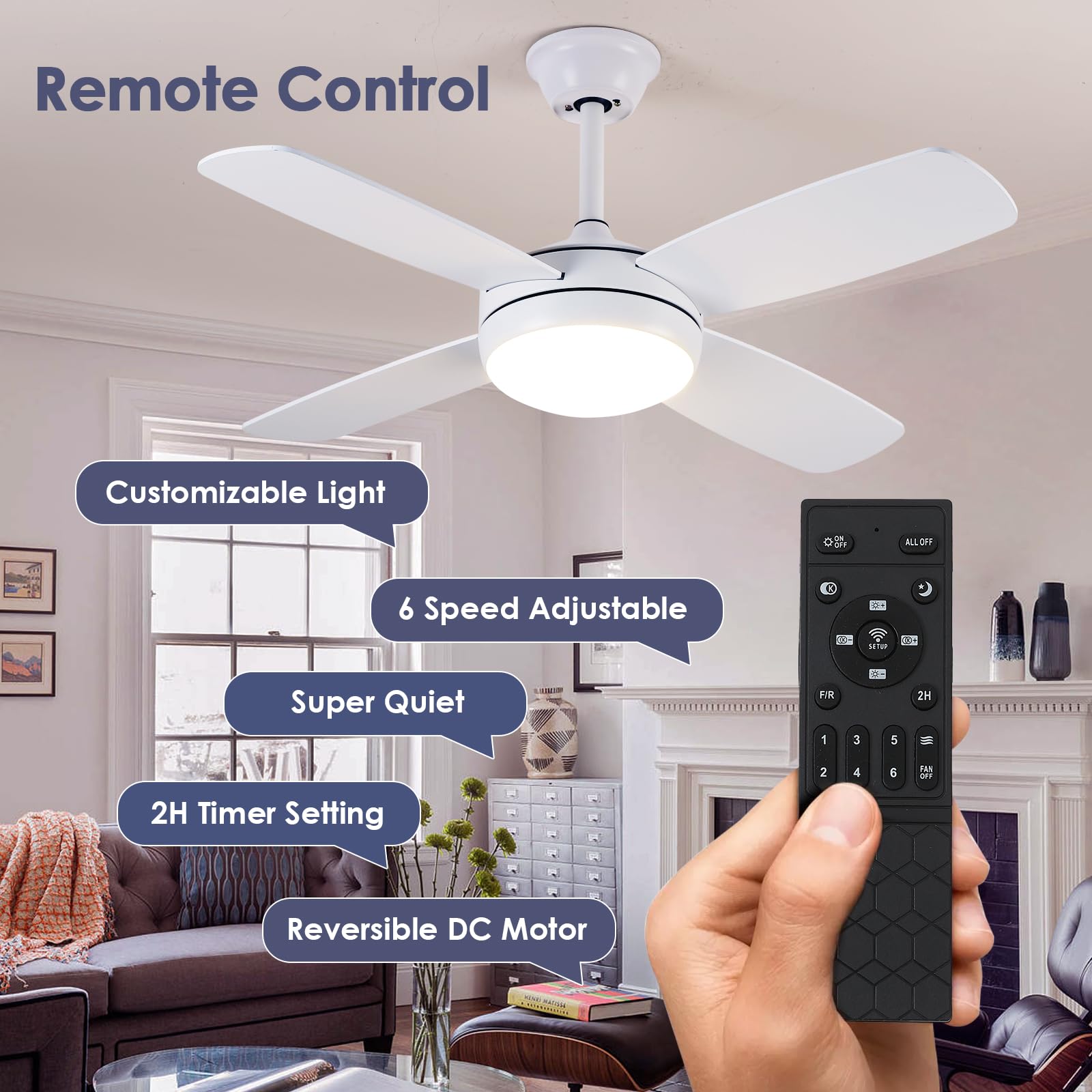 Asyko 42 Inch Modern Ceiling Fan with Light - Remote & Smart APP Control, 6 Speeds with Memory Function, Low Profile Flush Mount - Perfect for Bedroom, Living Room, Dining Room & Home Office