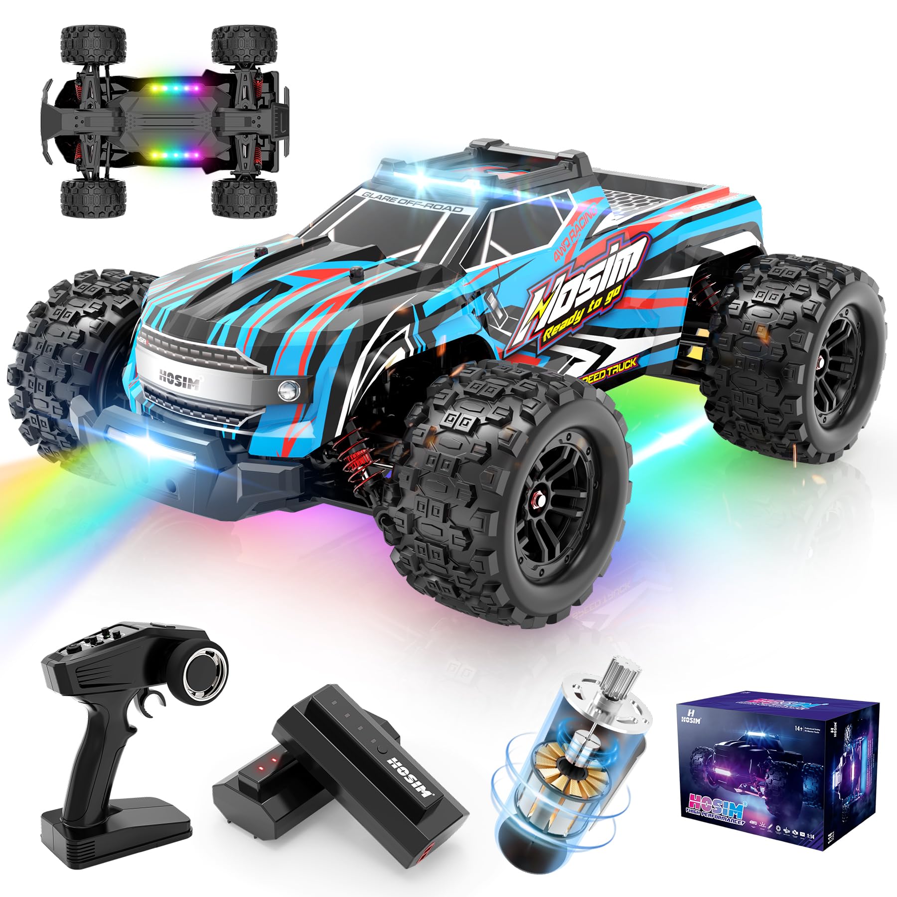 **Hosim 1:14 Scale RC Cars with Colorful LED Lights - 40+ KPH High-Speed Remote Control Car, 4WD Off-Road Waterproof RC Trucks for Boys, Kids & Adults - Perfect for Outdoor Racing, Crawling & Jumping**