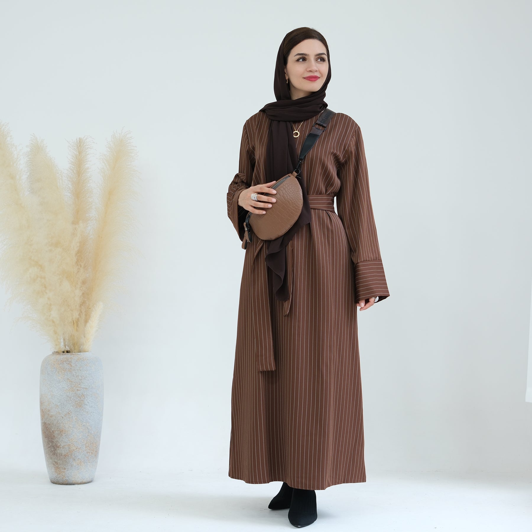 Janine Stripe Long Sleeve Belted Maxi Dress for Women - Brown Flowy Boho Dress for Beach, Wedding & Casual Outings