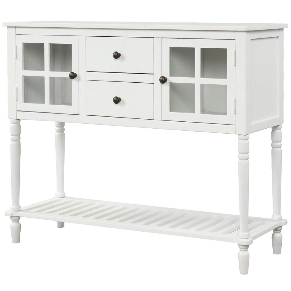 Teeker Farmhouse Style Sideboard Console Table with Bottom Shelf - White Wood & Glass Buffet Storage Cabinet for Living Room, Dining Room & Entryway