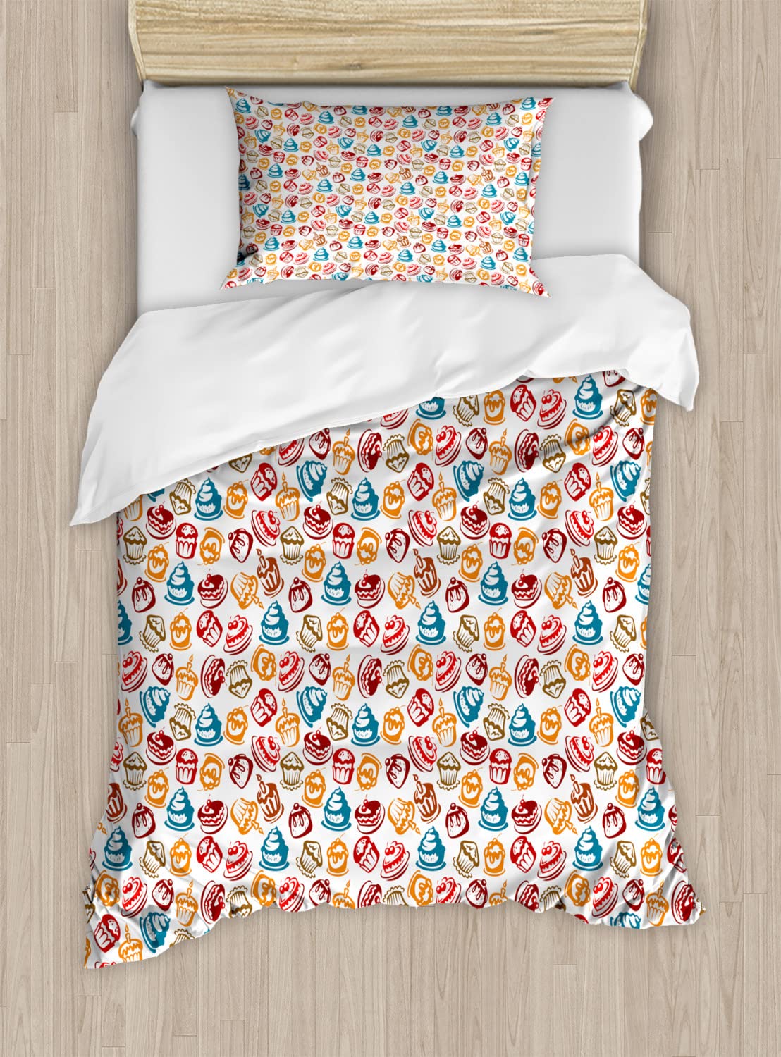 Ambesonne Cupcake Themed Duvet Cover Set - Twin Size 2-Piece Bedding with 2 Duvet Covers & 2 Pillowcases - Petrol Blue & Ginger Food Print for Sweet Dreams - Perfect for Kids Rooms, Bakeries, and Dessert-Themed Bedrooms