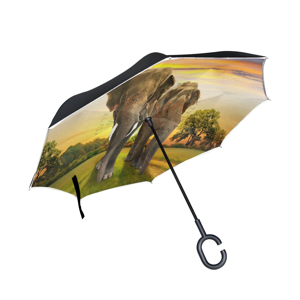Elephant Sunset Inverted Umbrella - Large Reversible for Rain & Sun Protection - Outdoor, Car Use