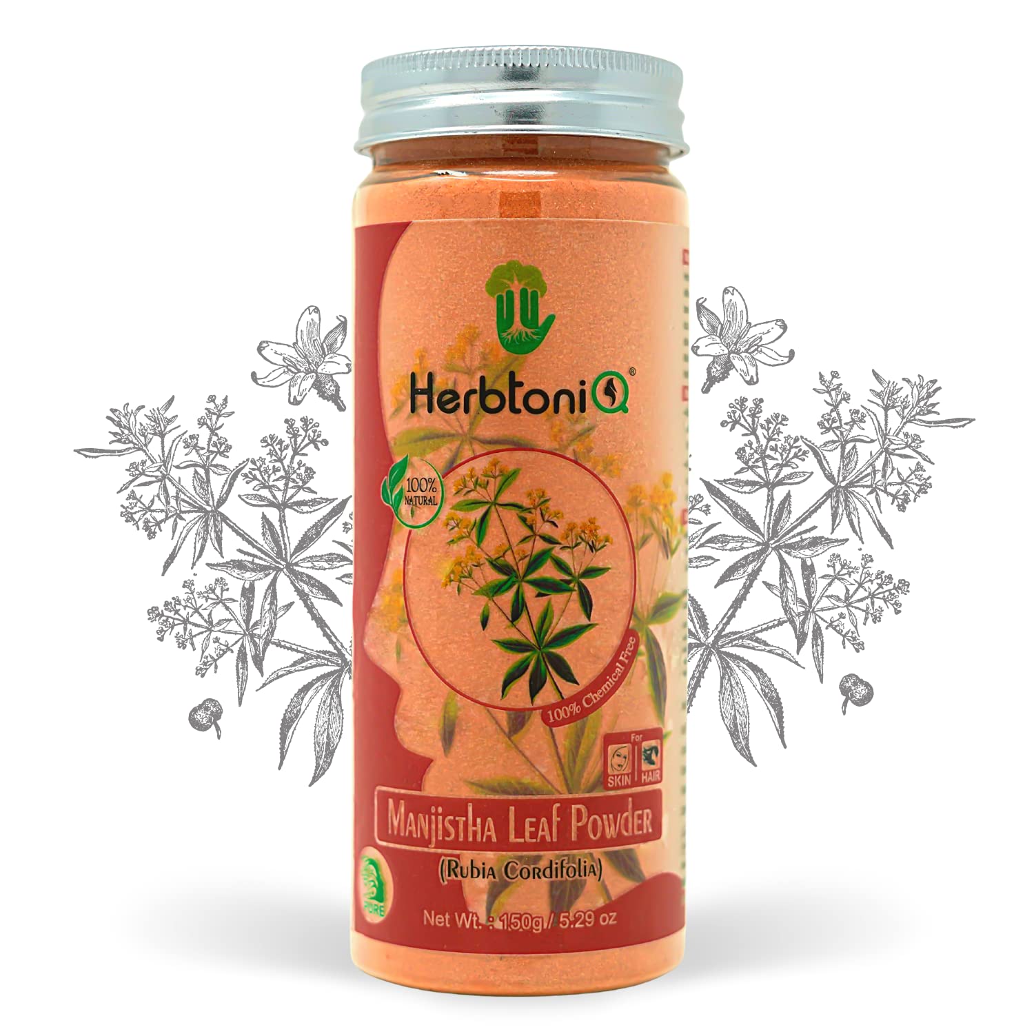 HerbtoniQ 100% Pure Organic Manjistha Root Powder (Rubia Cordifolia) - 150g for Glowing Skin & Healthy Hair Care - Natural Face Mask & Hair Treatment for Acne, Dandruff & Skin Brightening