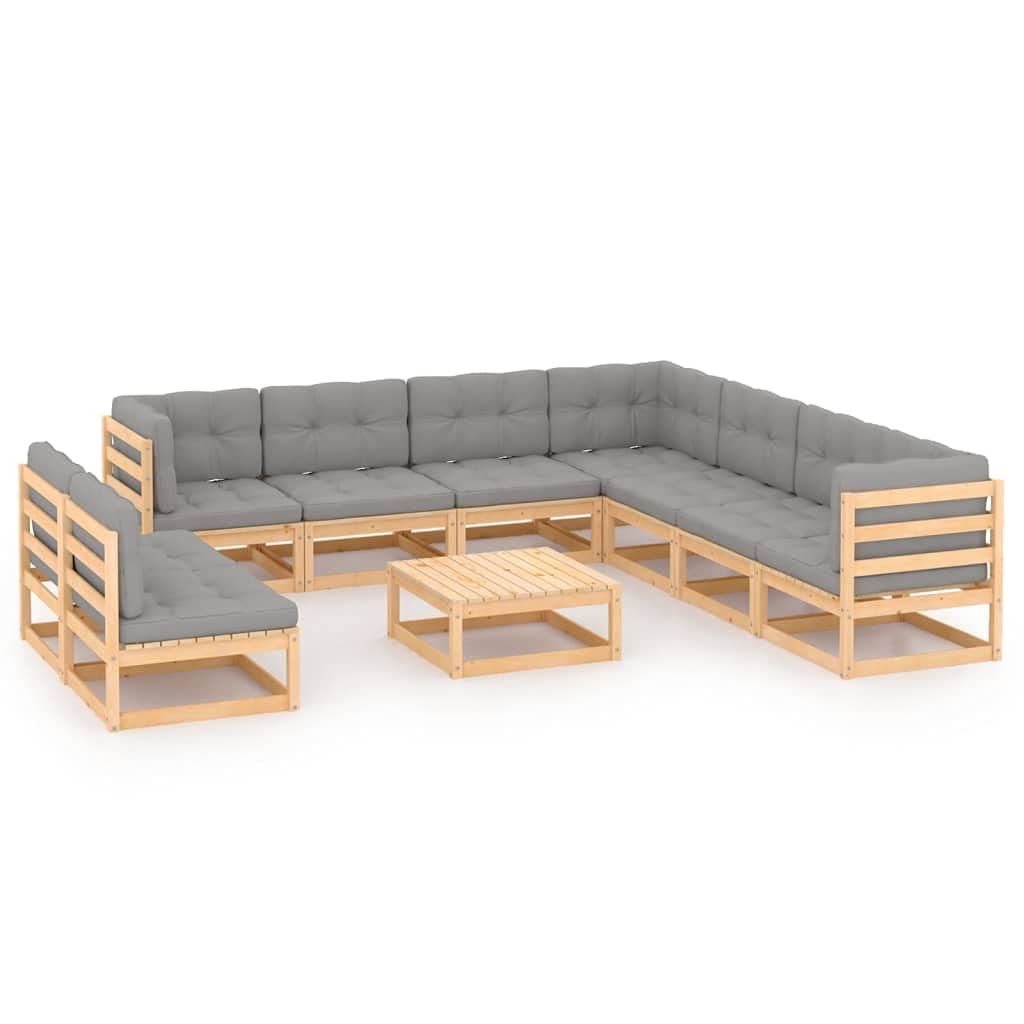 10-Piece Solid Pinewood Garden Lounge Set with Cushions - Patio Furniture Outdoor Sectional Sofa Conversation Set - All-Weather Couch, Dining Table & Chairs for Backyard, Poolside & Outdoor Entertaining