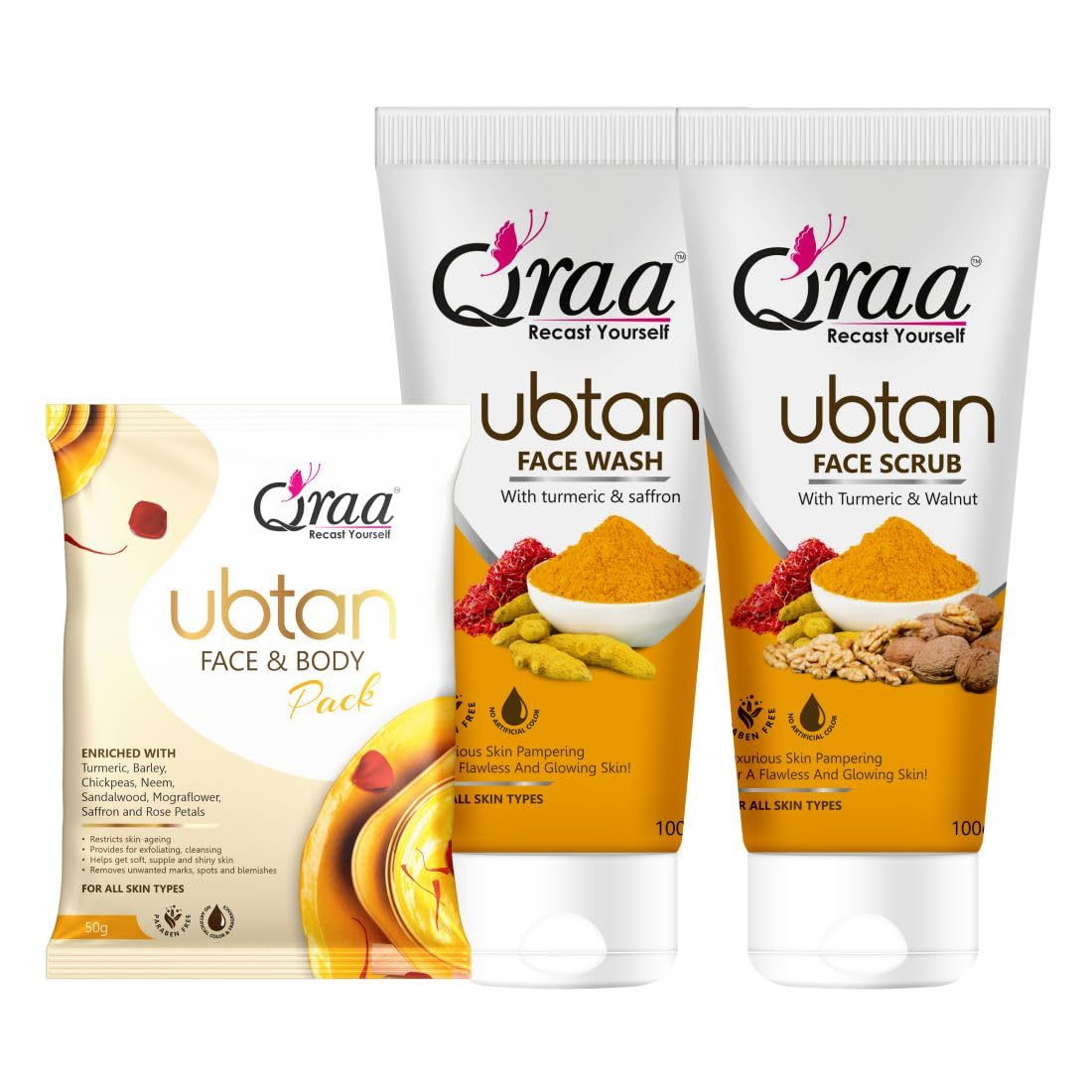 Qraa Ubtan Kit for Glowing & Brightening Skin - Combo Pack with Ubtan Face Wash 100g, Scrub 100g & Pack 50g | Natural Skincare Routine for Daily Radiance & Exfoliation