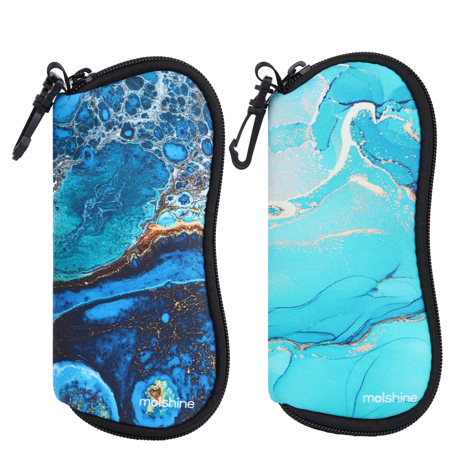 molshine 2 Pack Soft Neoprene Sunglasses Case with Zipper - Portable Eyeglasses Pouch with Hook for Men & Women - Perfect for Travel, Beach, and Everyday Use
