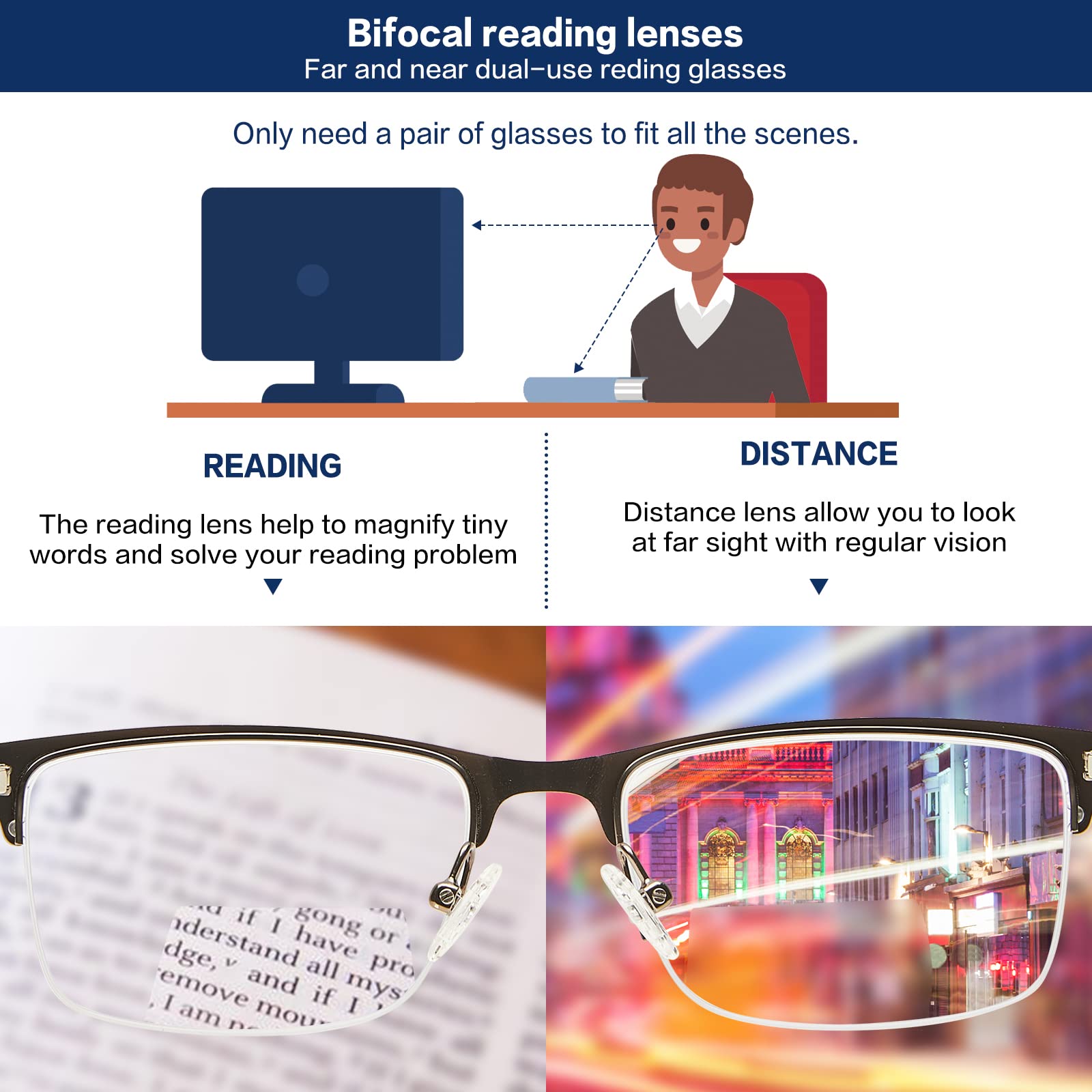 Bifocal No Line Progressive Multifocal Reading Glasses for Men - Blue Light Blocking Computer Glasses with Metal Frame - Perfect for Office Work, Reading & Screen Time