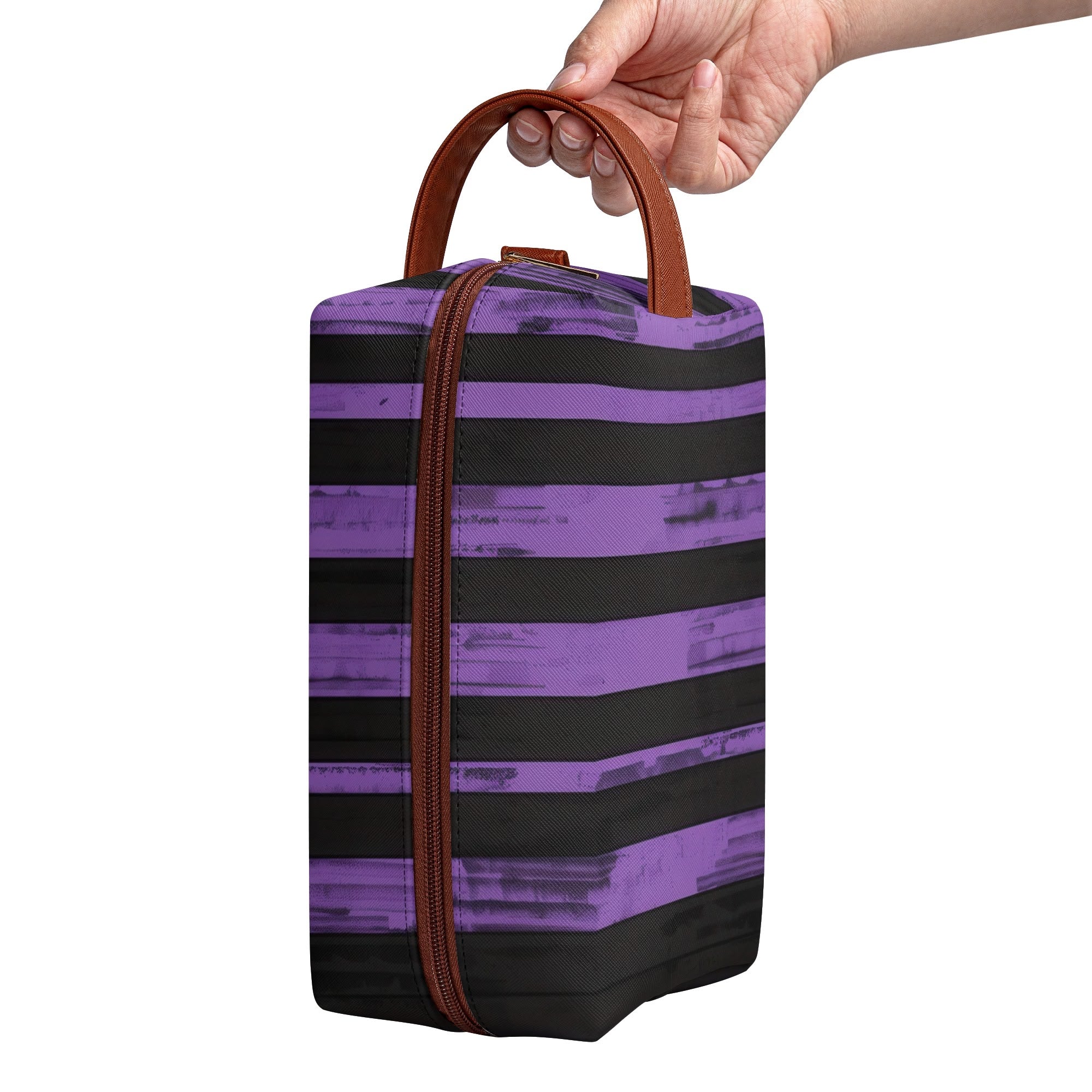 Premium Purple and Black Striped Leather Toiletries Bag for Travel - Waterproof Cosmetic Organizer for Men & Women, Perfect for Gym, Vacation, and Business Trips