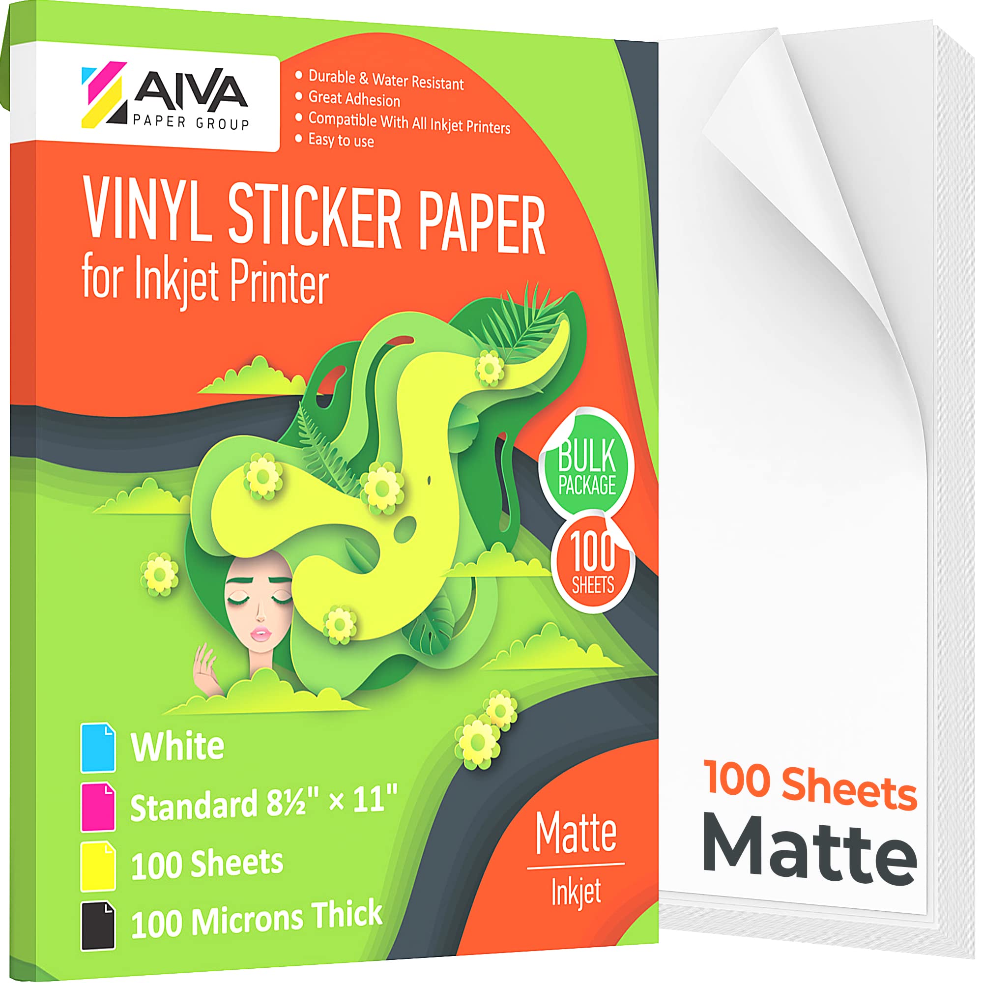 Waterproof Printable Vinyl Sticker Paper for Inkjet Printer - 100 Self-Adhesive Matte White Sheets (8.5