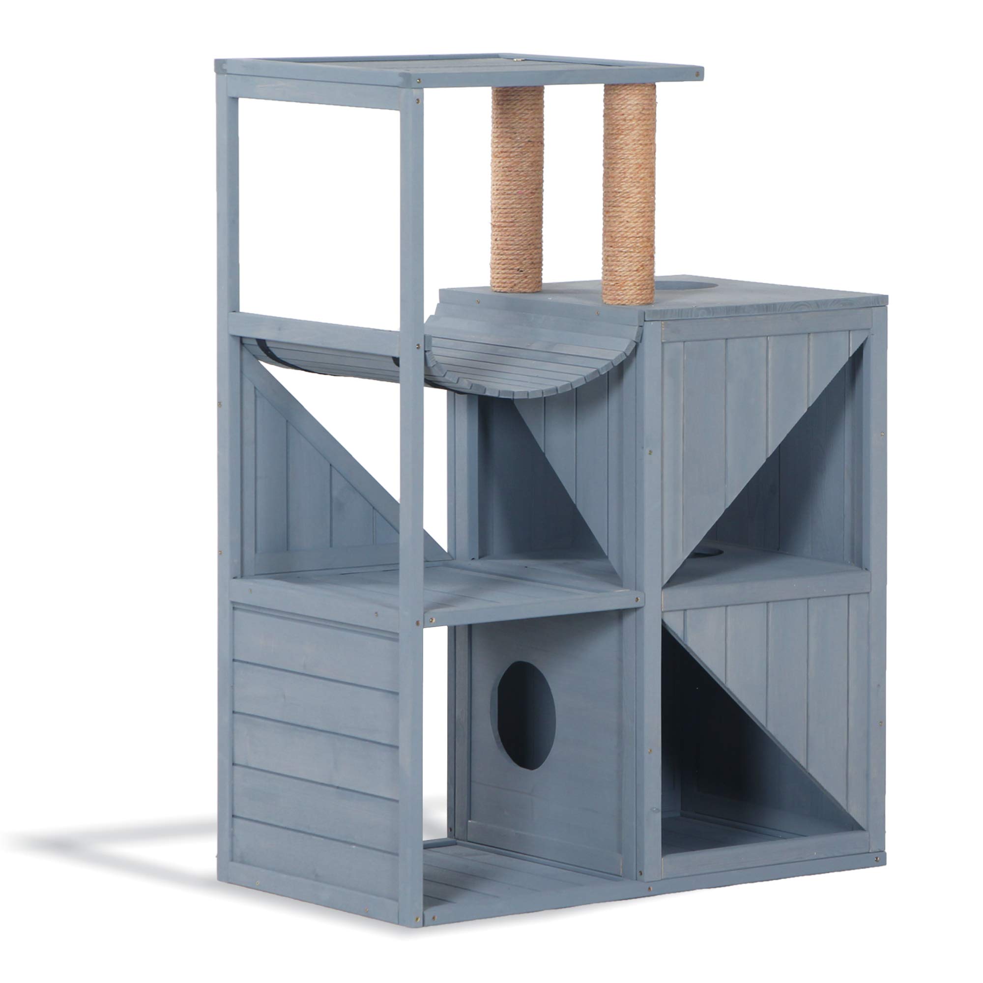 MCombo Wooden Cat House with Scratching Post - Indoor Cat Condo Furniture, Gray Cat Villa Enclosure 6012-0505 for Play, Rest & Climbing - Perfect for Small Spaces & Multi-Cat Homes