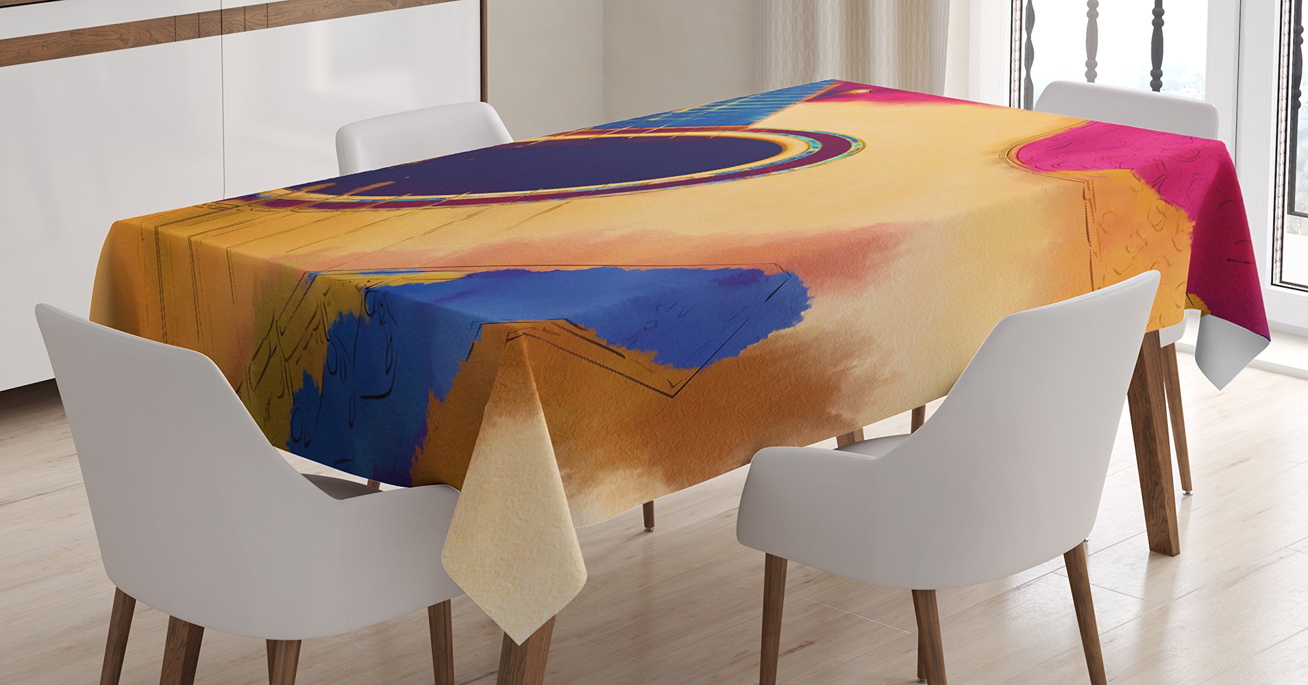 Ambesonne Vintage Guitar Tablecloth - Abstract Strings Watercolor Design for Dining Room & Kitchen - 60