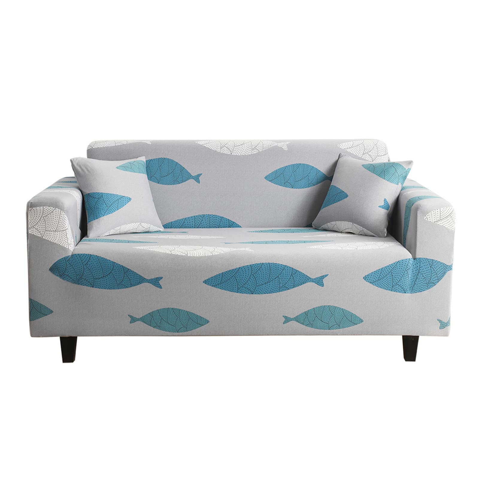 Stretchable Printed Sofa Cover for 3-Cushion Couch - Large Washable Slipcover Furniture Protector with Free Pillow Case (Cartoon Fish Design) - Perfect for Living Room, Home Decor & Pet Protection