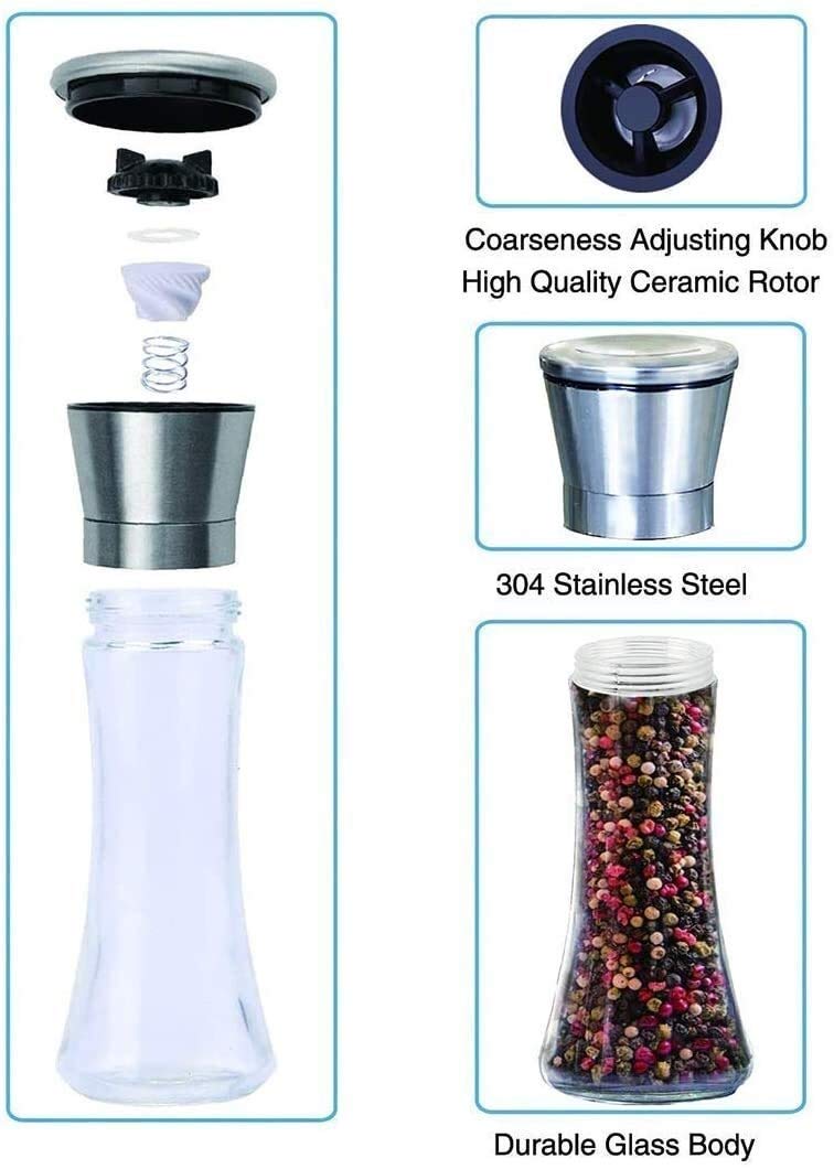 Premium Stainless Steel Pepper Mill and Salt Grinder Set - Adjustable Coarseness, Refillable Ceramic Core & Durable Glass Bottles - Perfect for Kitchen, Dining Table & Gourmet Cooking