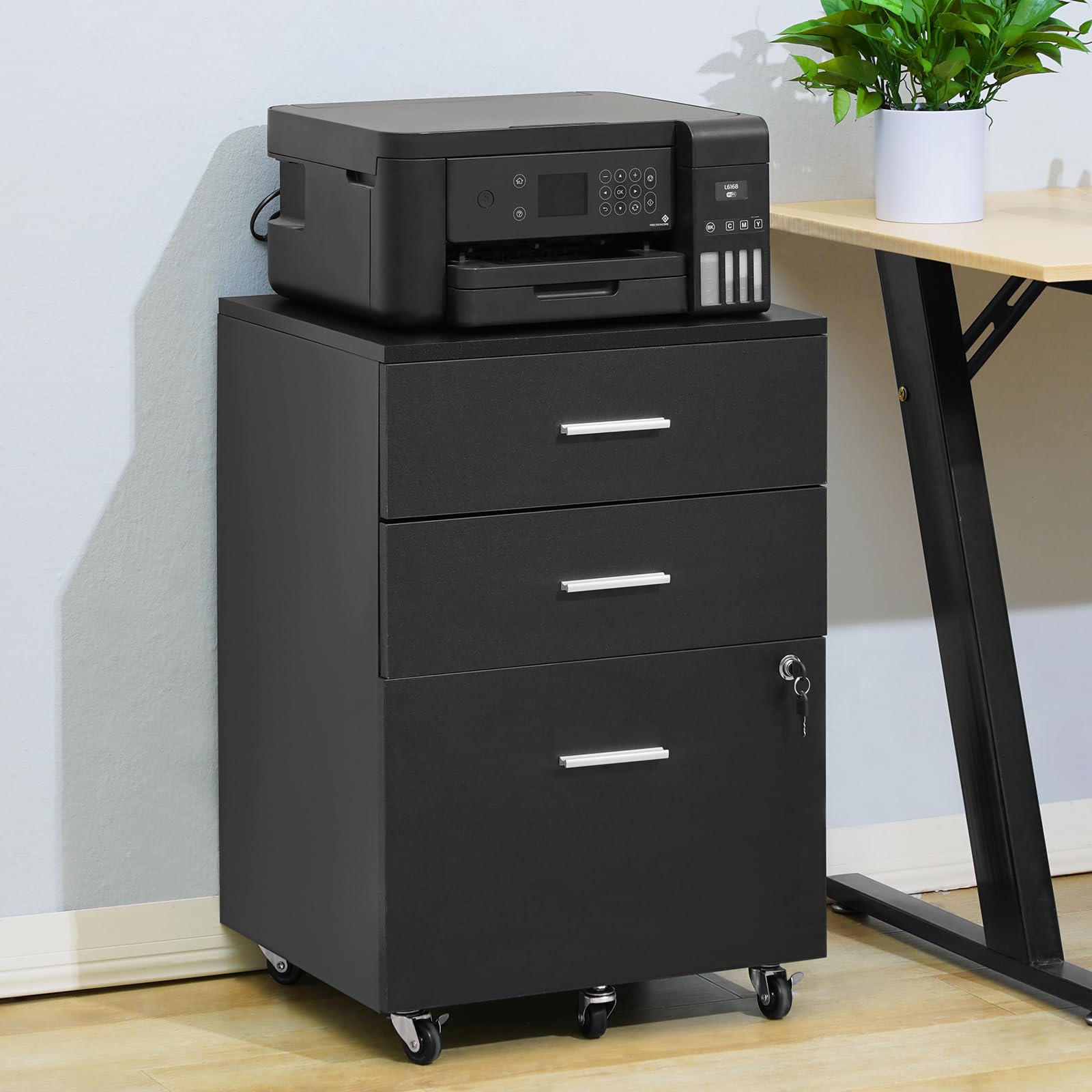 VEVOR 3-Drawer Wood File Cabinet with Lock - Letter/A4 Size Office Storage - 5-Wheel Rolling Design for Home & Office - Black - Perfect for Document Organization & Workspace Storage