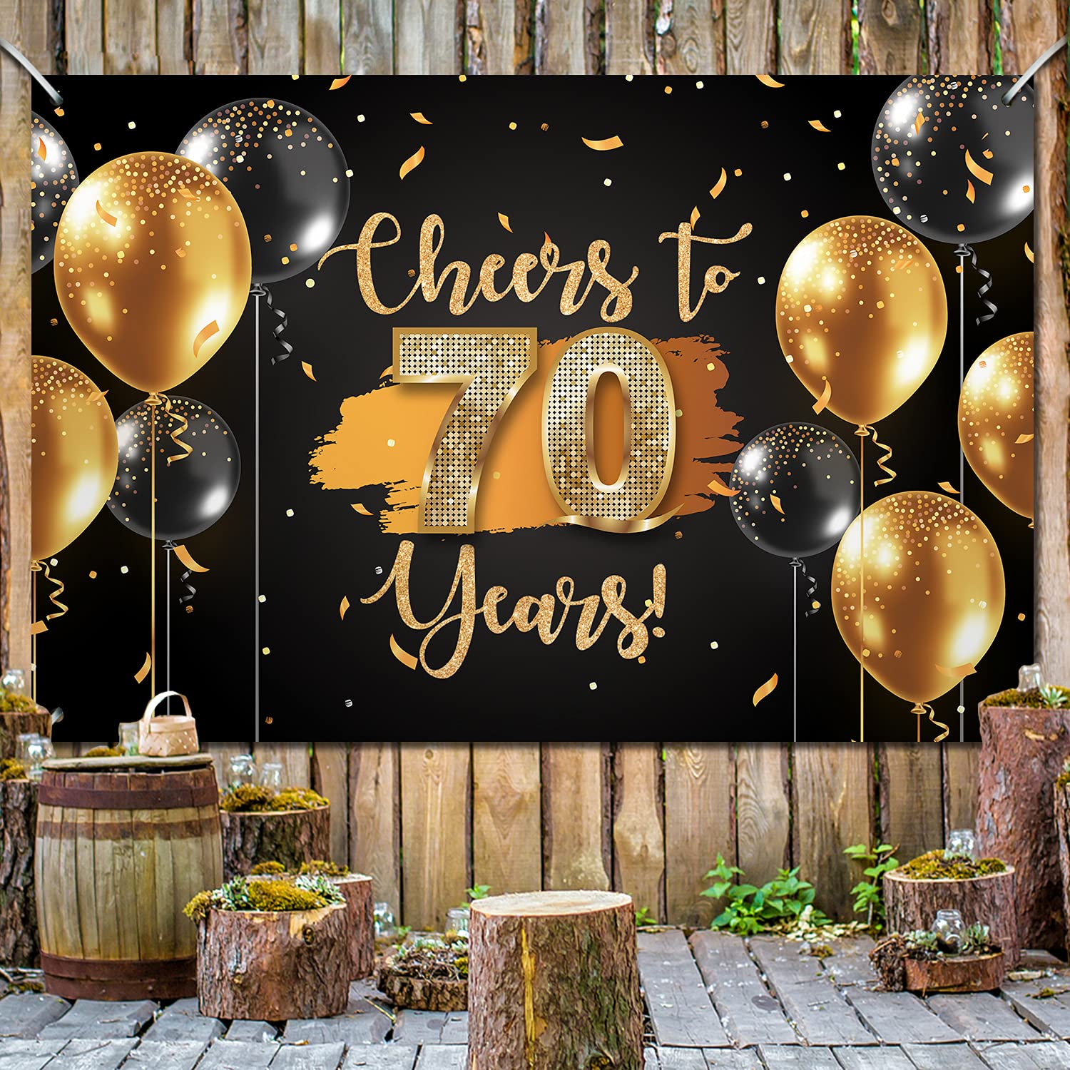 Happy 70th Birthday Backdrop Banner - Gold & Black Anniversary Photography Background Decor for Women & Men - Perfect for Milestone Celebrations, Retirement Parties & Family Gatherings