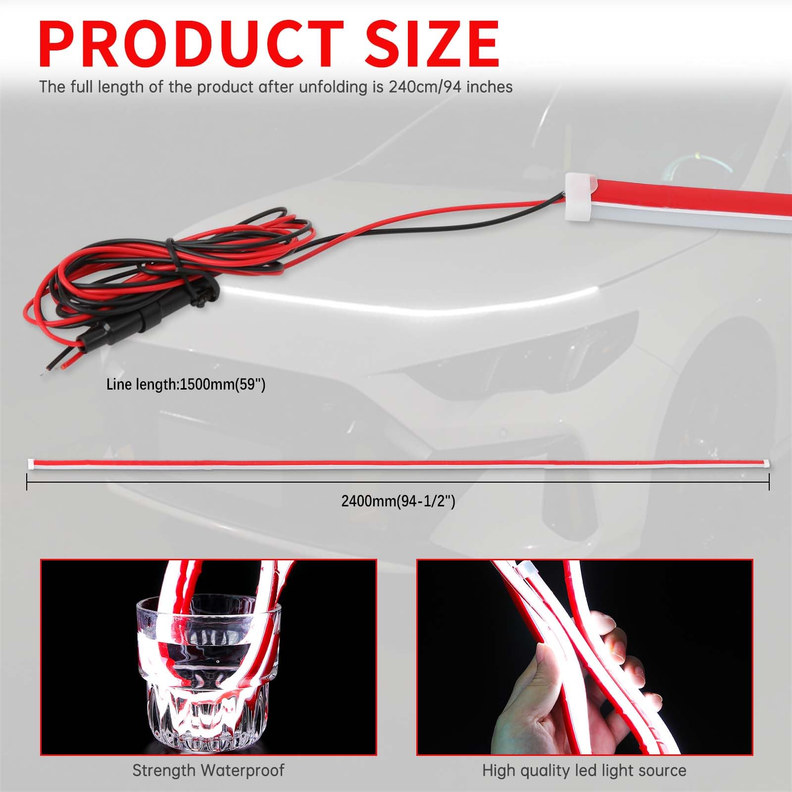 94.5 Inch Universal Car Hood LED Light Strip - White Exterior Dynamic Daytime Running Lights, Flexible Waterproof Design with Fuse Protection for Cars, SUVs & Trucks | Perfect for Night Driving, Car Shows & Custom Vehicle Lighting