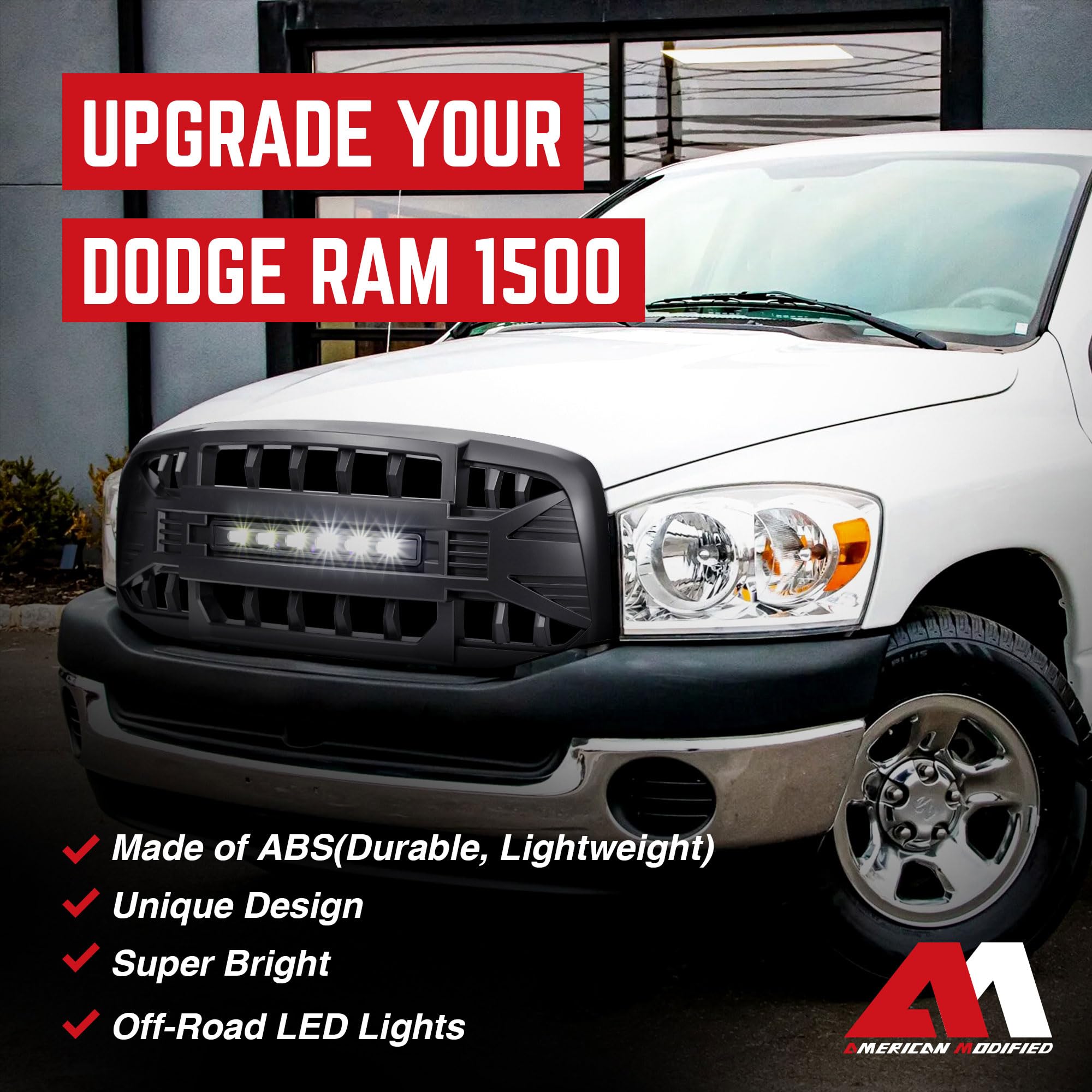 AMERICAN MODIFIED Armor Grille with LED Off-Road Lights for 2006-2008 Dodge Ram 1500 & 2006-2009 Ram 2500/3500 - Matte Black Truck Grille | Heavy Duty Protection & Style for Off-Roading, Truck Shows & Daily Driving