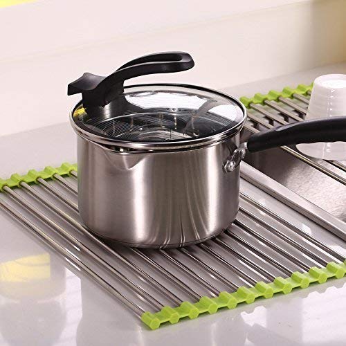 SCILLA Stainless Steel Roll Up Foldable Over The Sink Dish Drying Rack - Adjustable Multipurpose Drainer for Washing Dishes, Utensils, Crockery, Fruits & Vegetables - Space Saving Kitchen Organizer (Multicolor) - Perfect for Small Kitchens, RVs, Camping & Dorm Rooms