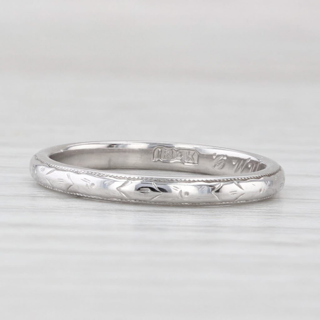 Antique Floral Engraved Wedding Band Ring - 18k White Gold Stackable Size 5 - Perfect for Bridal Jewelry, Anniversary Gifts & Everyday Elegant Wear