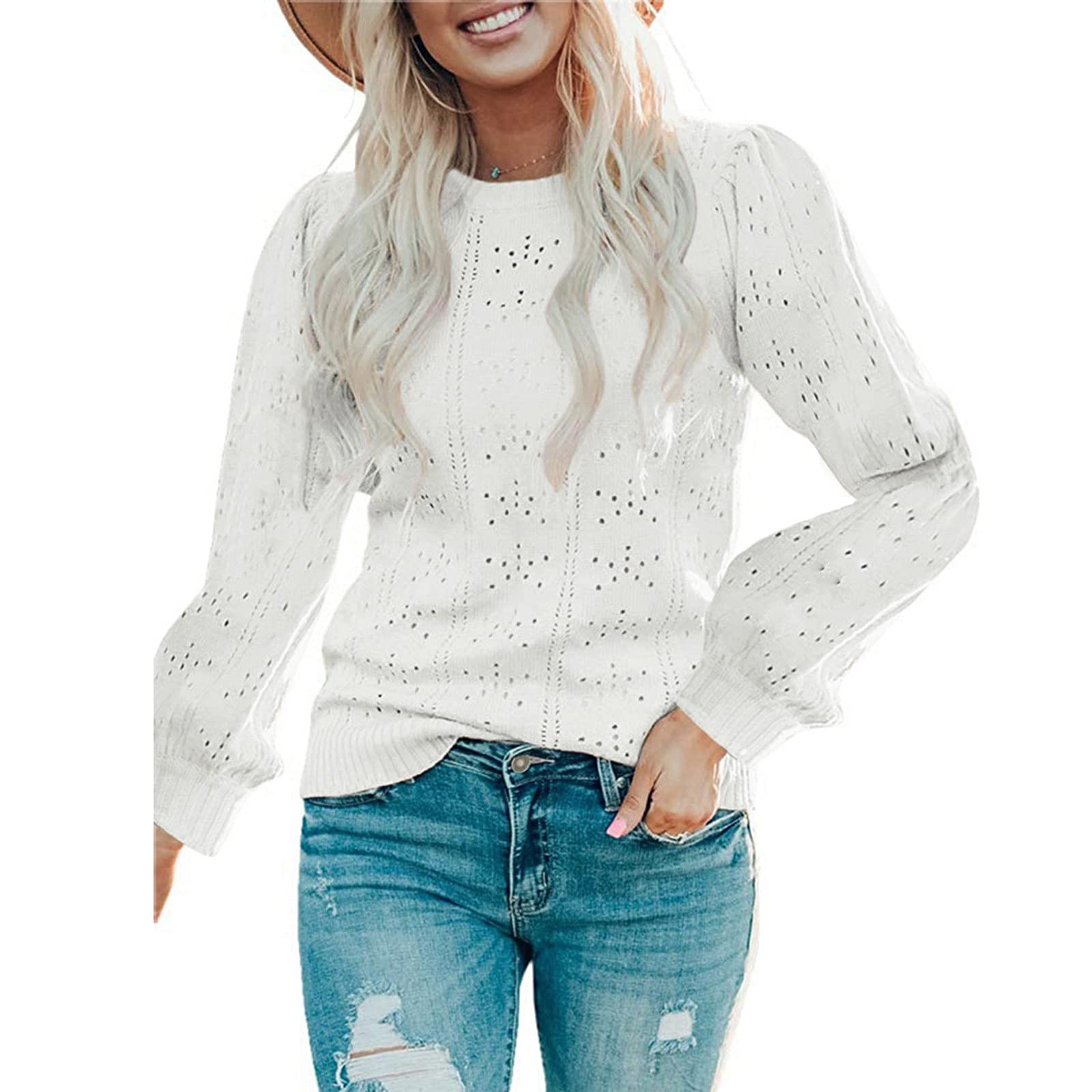 Women's V-Neck Puff Sleeve Sweater Top - Soft Dot Waffle Knit Pullover Blouse (Short/Long Sleeve) | Lightweight Comfort for Work, Date Night & Casual Outfits