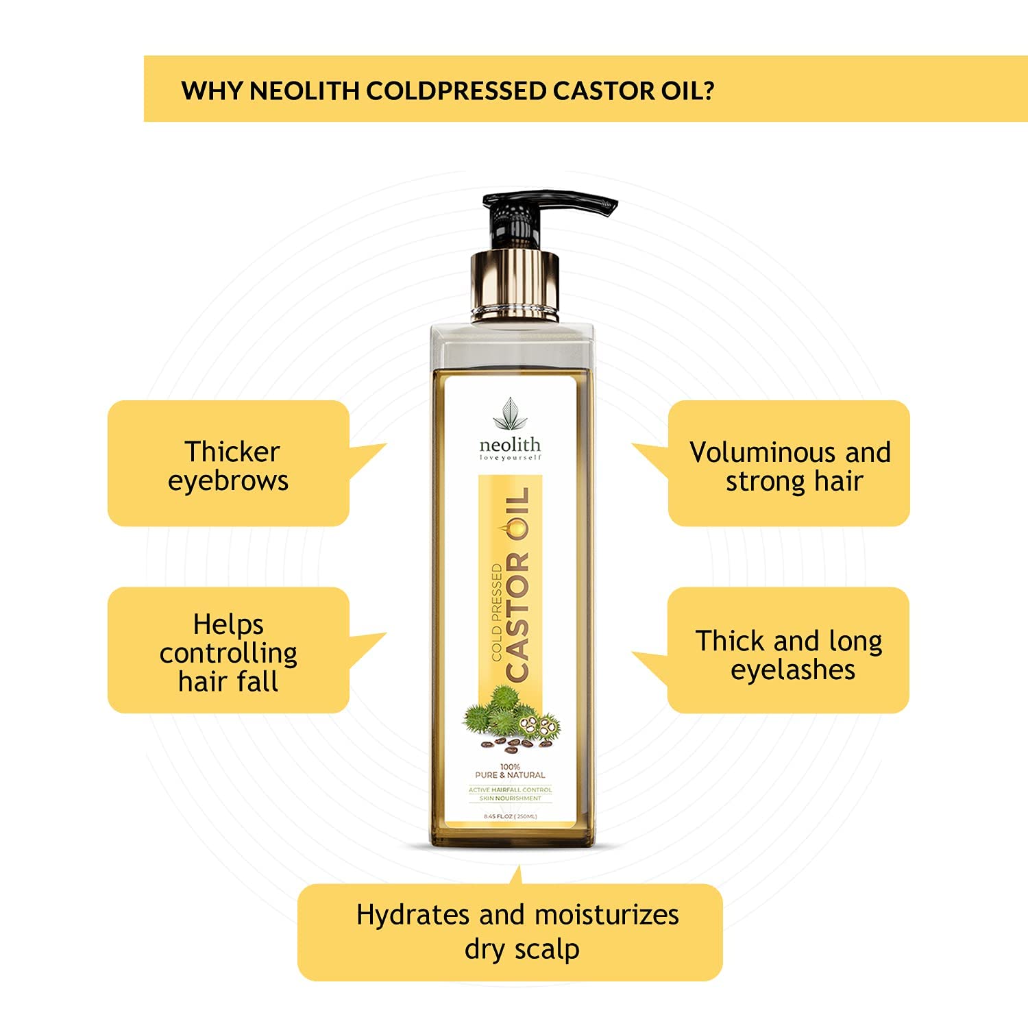 Organic Cold Pressed Castor Oil for Hair Growth & Skin Care - 250ml