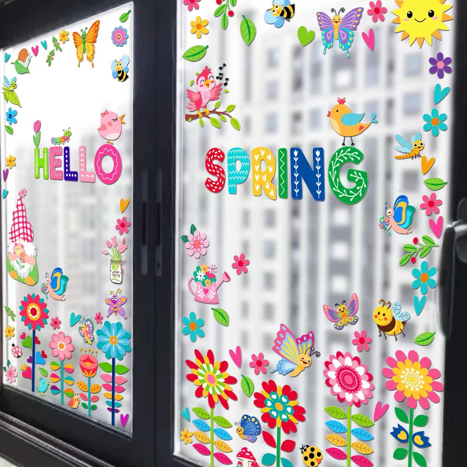 Hello Spring Window Clings - Removable Butterfly & Flower Window Stickers | Double-Sided Easter Wall Decals for Kids, Toddlers | Home, Classroom & Office Glass Window Decor | Perfect for Spring Parties, Easter Celebrations & Seasonal Home Decor