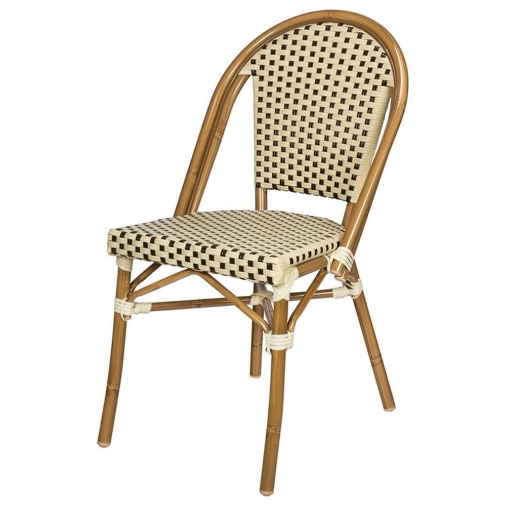 Paris Resin Wicker Patio Dining Side Chair in Cream & Chocolate - Outdoor Garden Furniture for Poolside, Backyard, and Patio Relaxation