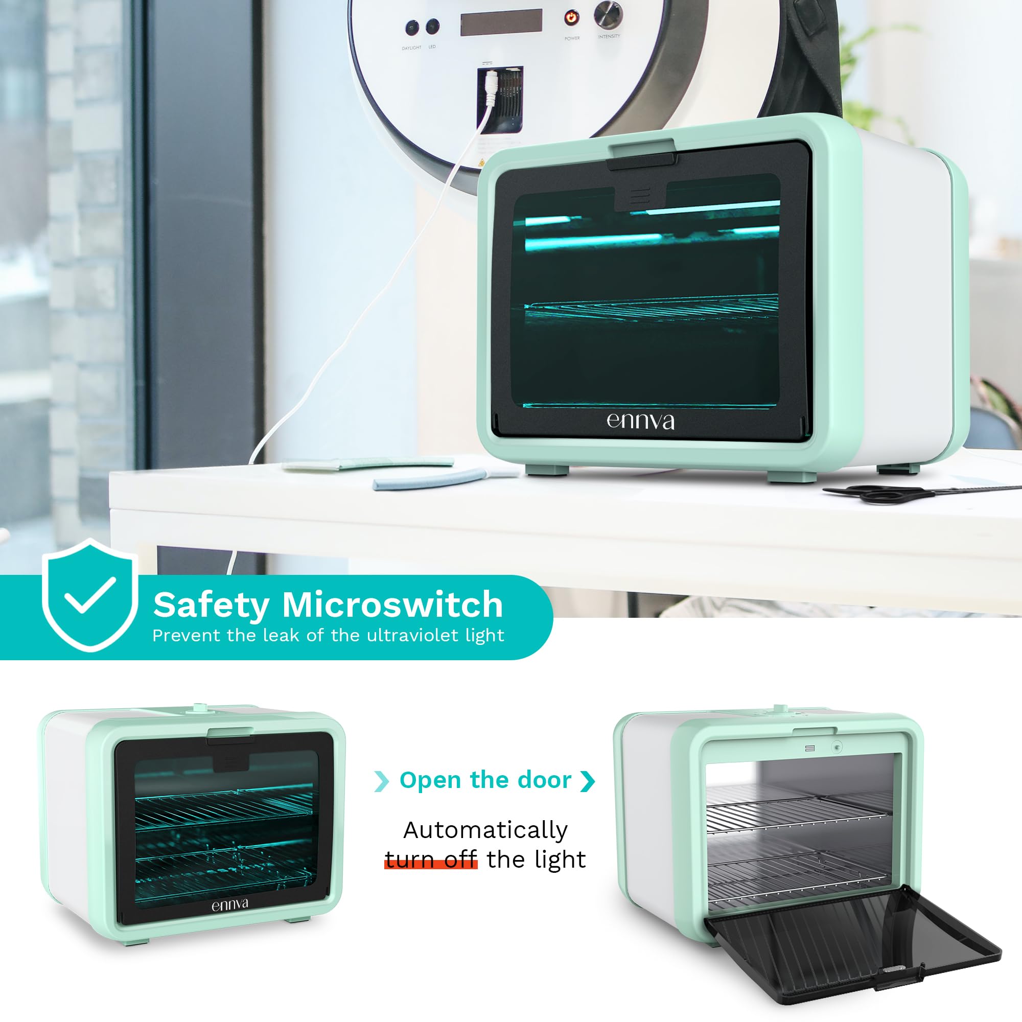 ENNVA UV Light Sanitizer for Nail Tools - Large Sterilization Box for Salon Equipment, Phones, Toys & More - Multi-Functional UV Cleaning Cabinet (Green) | Perfect for Nail Salons, Home Disinfection & Baby Item Sanitizing
