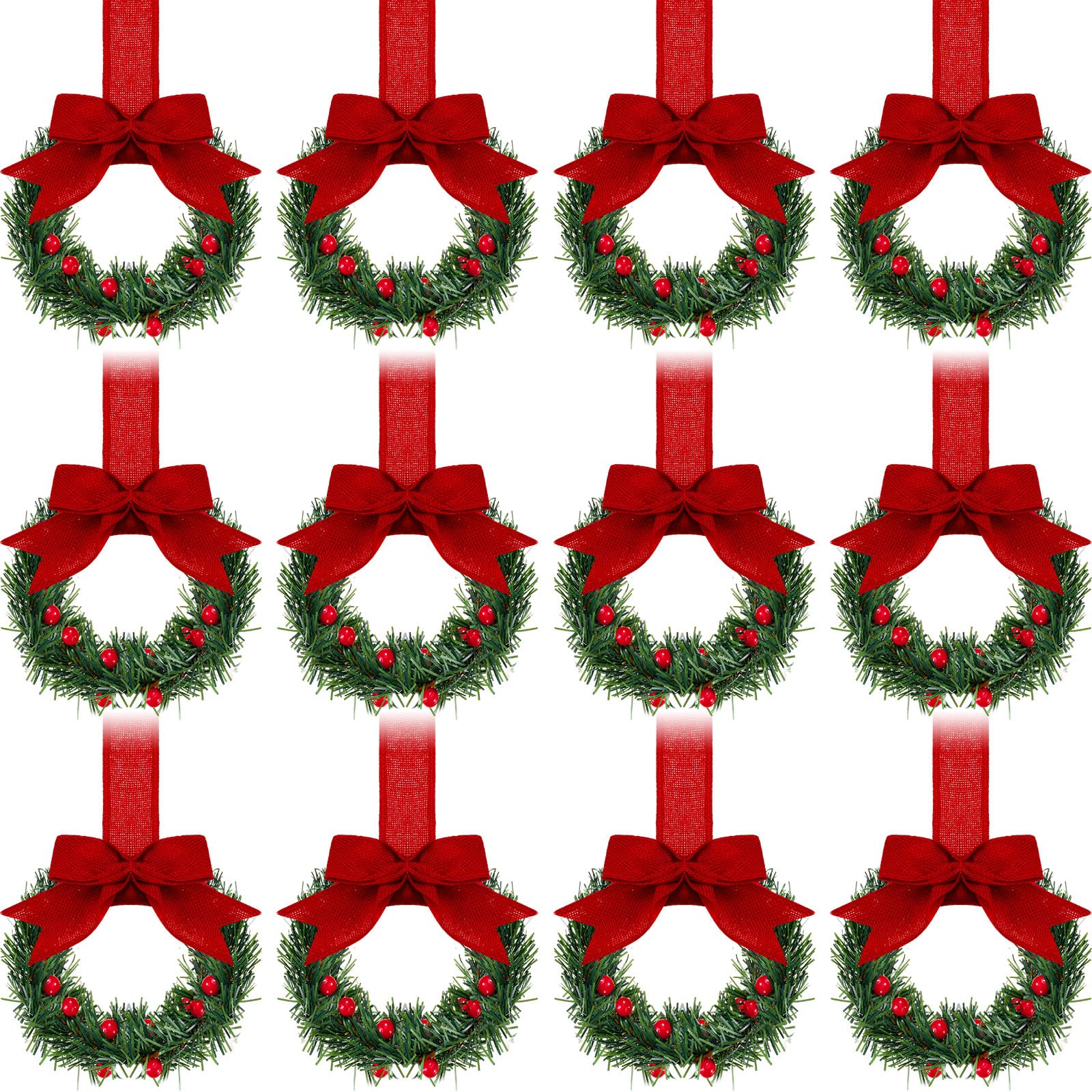 12 Pcs Mini Christmas Wreaths 3.94 Inch - Red Holiday Kitchen Cabinet Decor with Ribbon for Windows, Doors, and Home Decoration - Classic Style Xmas Ornaments for Festive Season