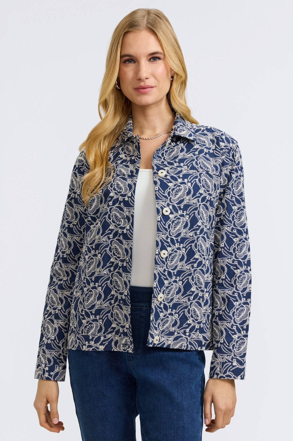 Thelma Women's Allover Eyelet Embroidered Denim Jacket - Long Sleeve Distressed Jean Coat for Casual Outfits & Spring Fashion
