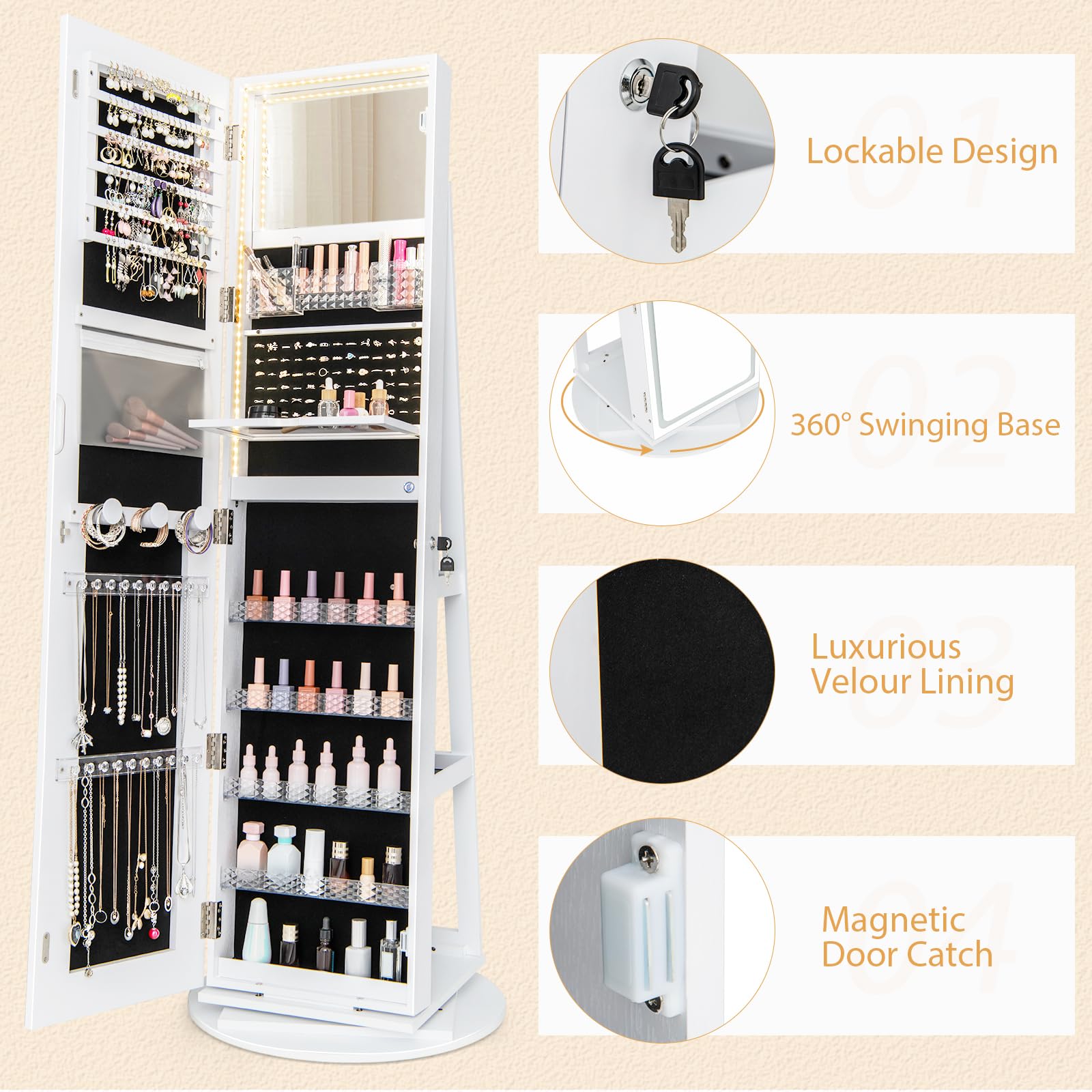 GOFLAME 360° Swivel Jewelry Cabinet with Full-Length Mirror - Jewelry Storage Organizer with LED Lights, Foldable Shelf & Interior Mirror - White | Perfect for Bedroom, Closet & Dressing Room Organization