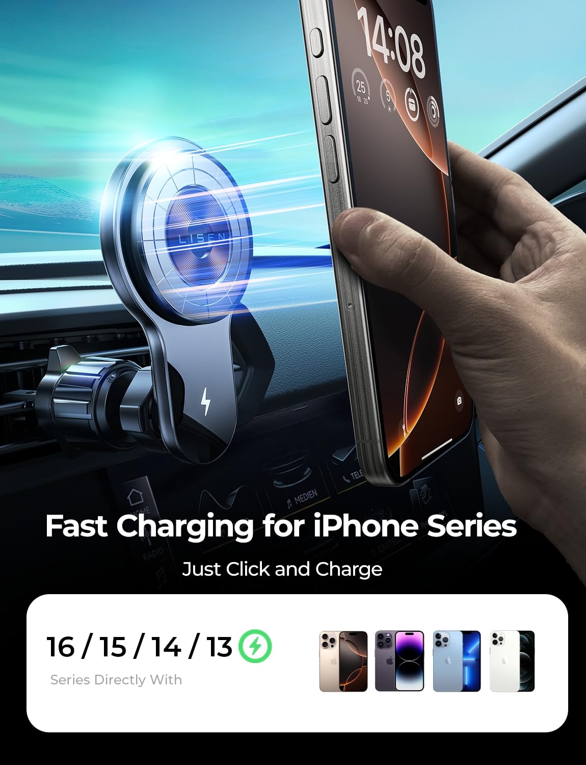 LISEN 15W MagSafe Car Mount Charger - Wireless Magnetic Phone Holder for iPhone 16/15 Pro Max/14/13/12 with MagSafe Cases | Secure Hands-Free Charging While Driving
