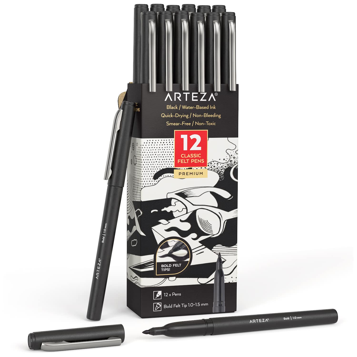 Arteza Black Felt Tip Pens - 12 Pack Fine Point 1.0-1.5mm Fiber Tip Markers with Quick-Drying Water-Based Ink - Perfect for Drawing, Sketching, Bullet Journaling, Note Taking & Art Projects - Ideal for Artists, Students & Office Use