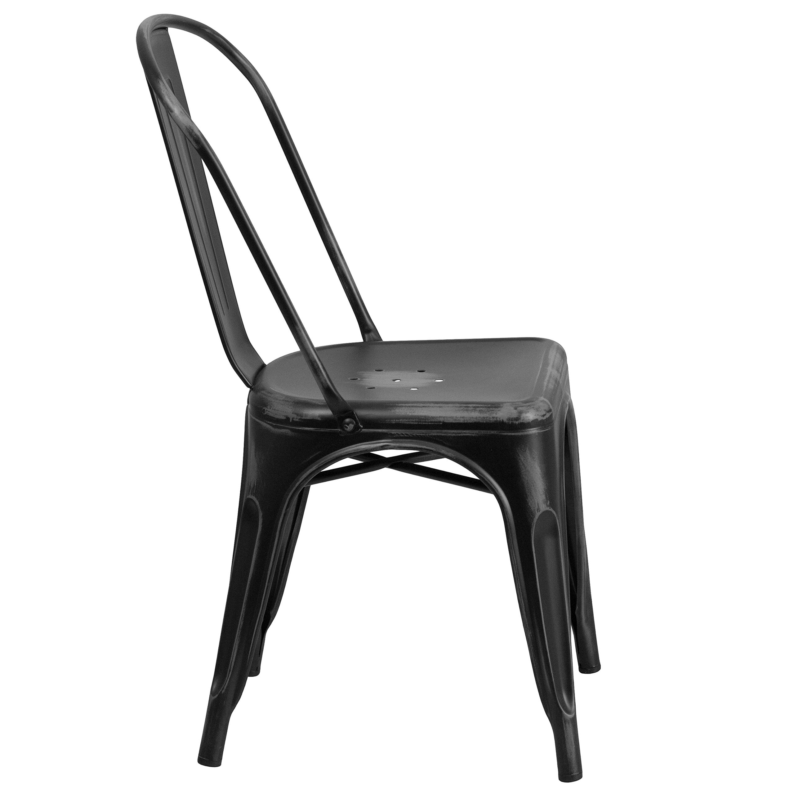 4 Pack Distressed Black Metal Stackable Chairs for Indoor & Outdoor Use - Rustic Kitchen Dining Chairs, Patio Furniture, Restaurant & Cafe Seating